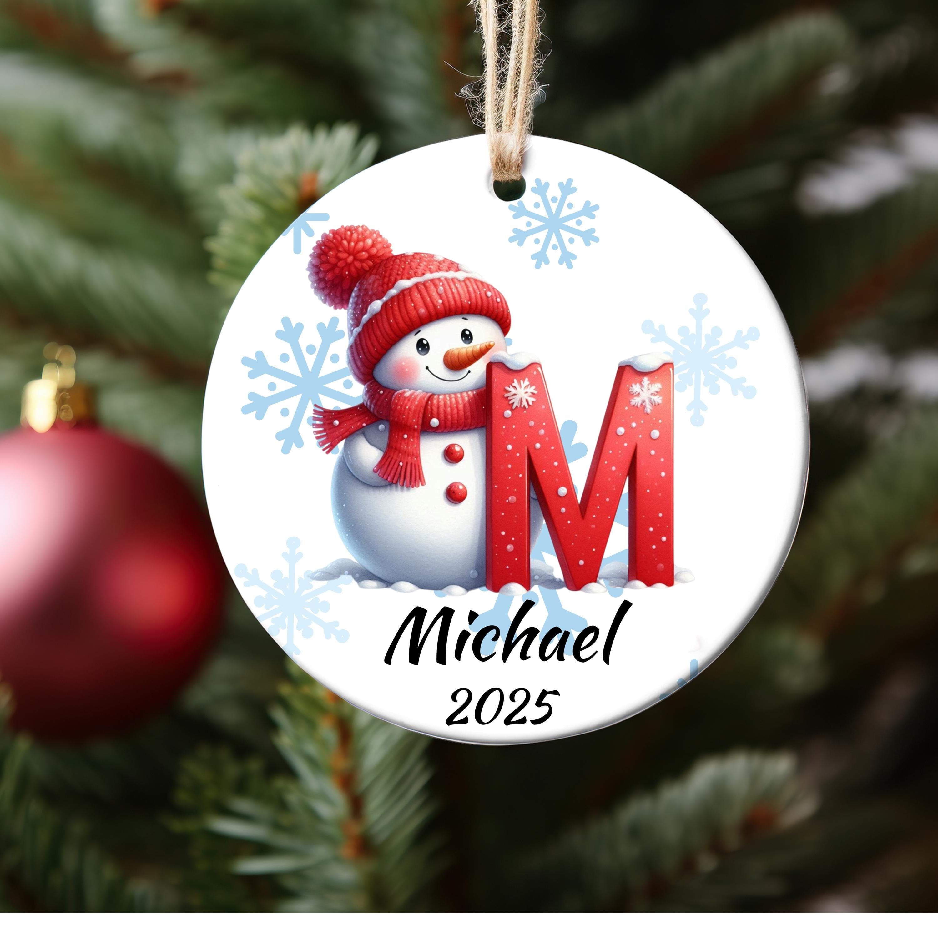 Personalized Michael Initial Christmas Ornament: Custom Letter Keepsake with name, Kids Name Initial Letter Xmas gifts, Snowman Ornament - image 3