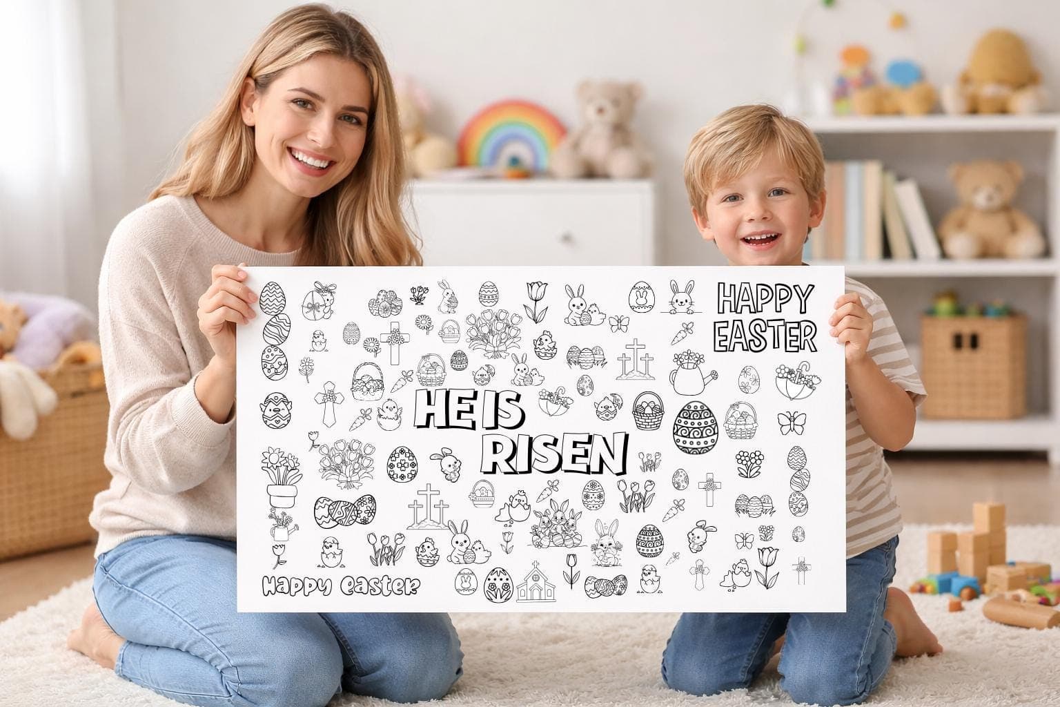 Giant Easter Coloring Page, He Is Risen Easter Kids Activity, Happy Easter Bunny, Easter Gift for Kids & Toddler, 36'x24' - image 3