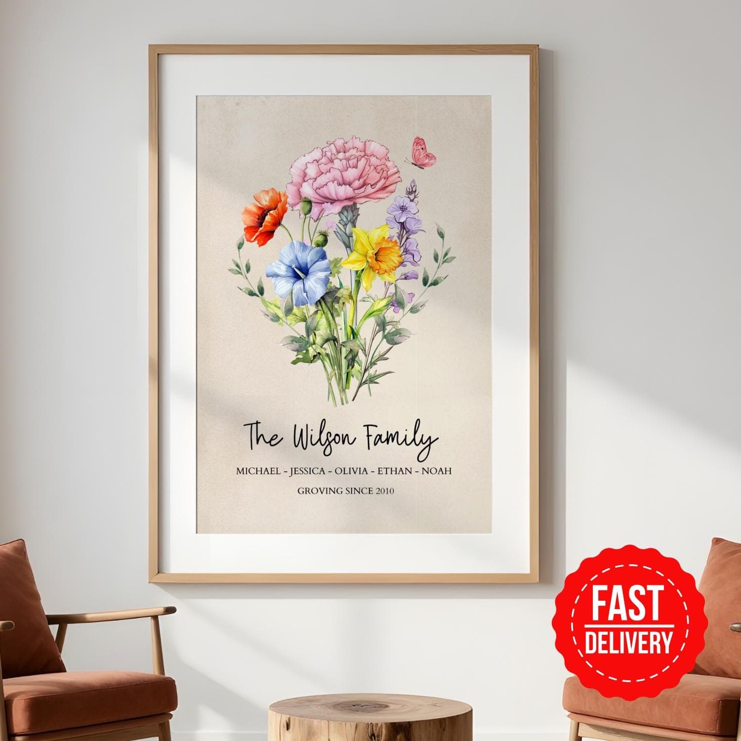 Custom Birth Flower Family Bouquet, Personalized Watercolor Birth Flower Print, Wall Art, Birthday Gift, Unique Mother's Day Gift