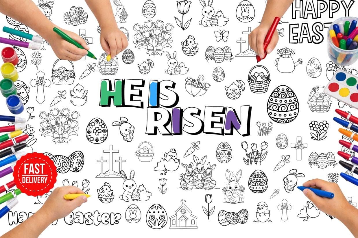 Giant Easter Coloring Page, He Is Risen Easter Kids Activity, Happy Easter Bunny, Easter Gift for Kids & Toddler, 36'x24'