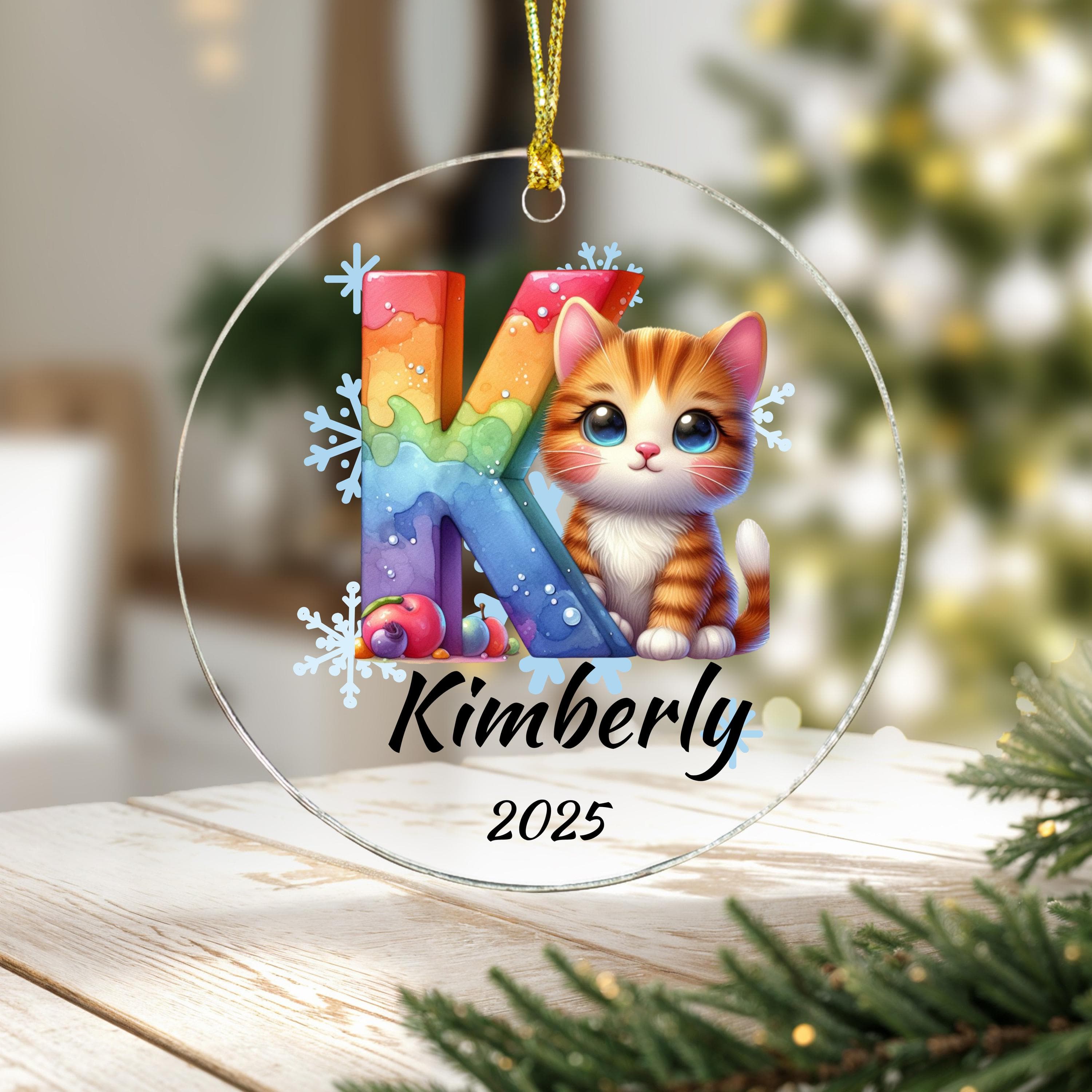 Personalized Cat Initial Christmas Ornament: Custom Letter Keepsake with name, Kids Name Initial Letter Xmas gifts