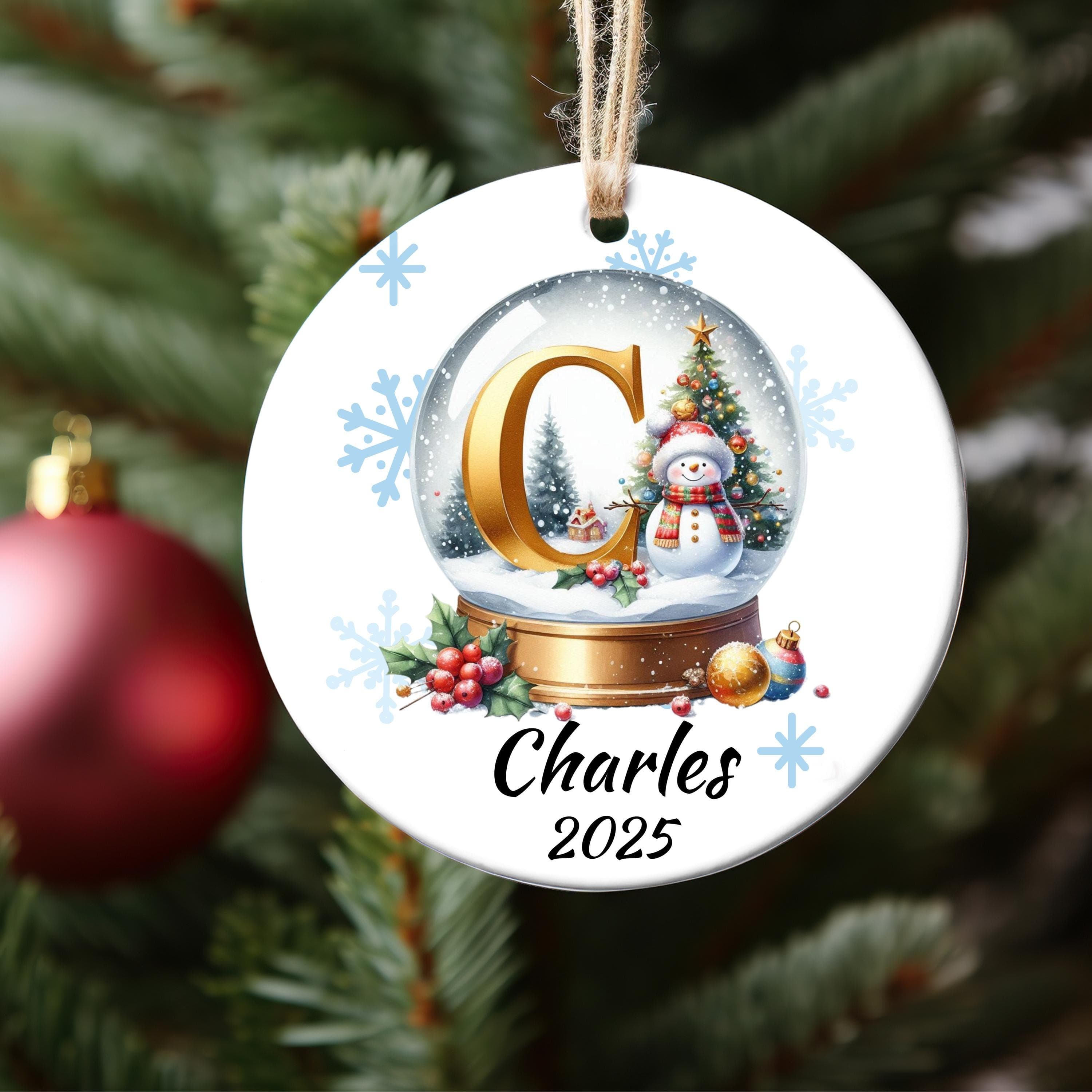 Personalized Snow Globe Initial Christmas Ornament: Custom Letter Keepsake with name, Kids Name Initial Letter Xmas gifts