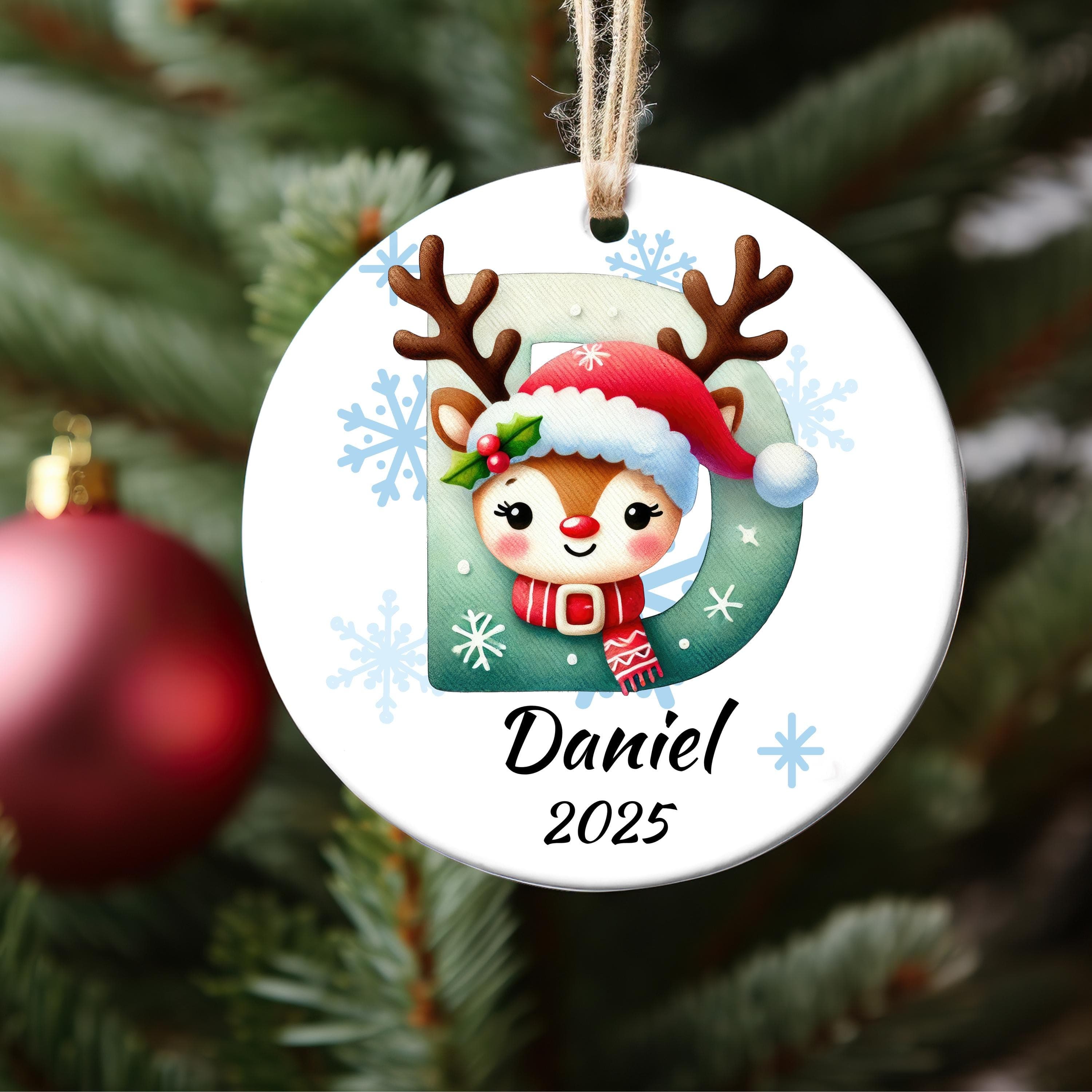 Personalized Fawn Initial Christmas Ornament: Custom Letter Keepsake with name, Kids Name Initial Letter Xmas gifts