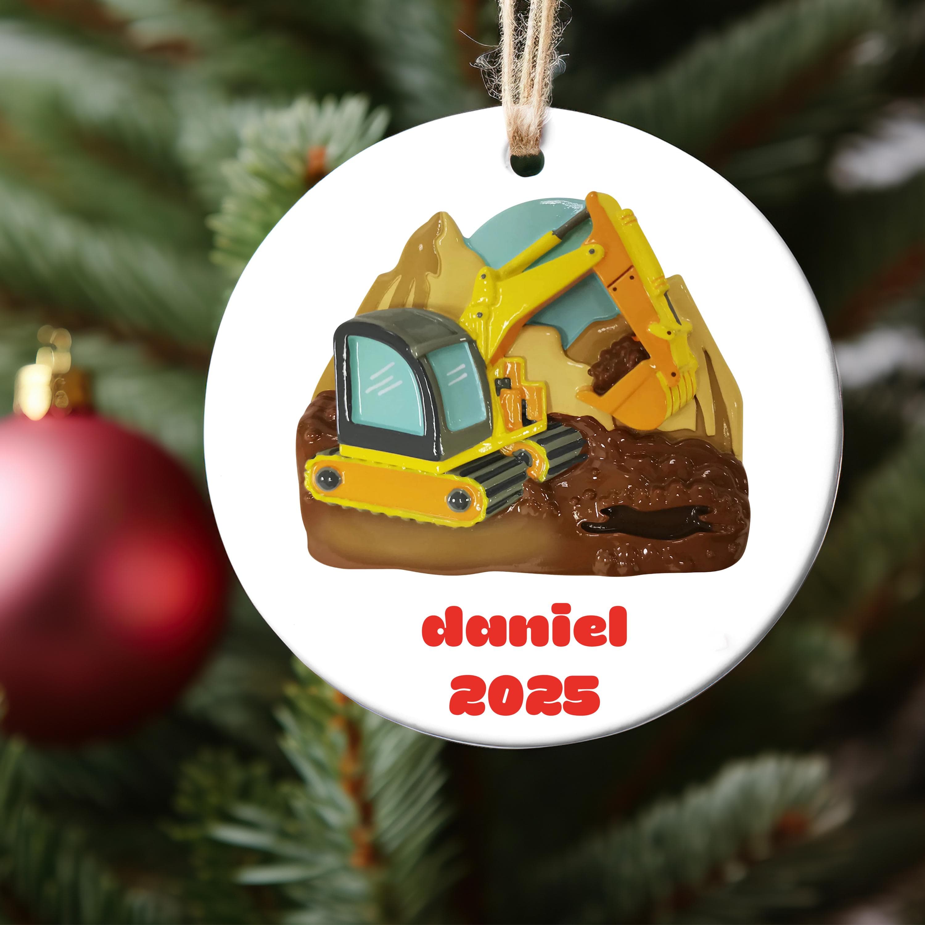 Yellow Excavator Personalized Christmas Halloween Thanksgiving Ornament, Excavator for Kids Gift, Custom 2025 Christmas Tree Ornaments