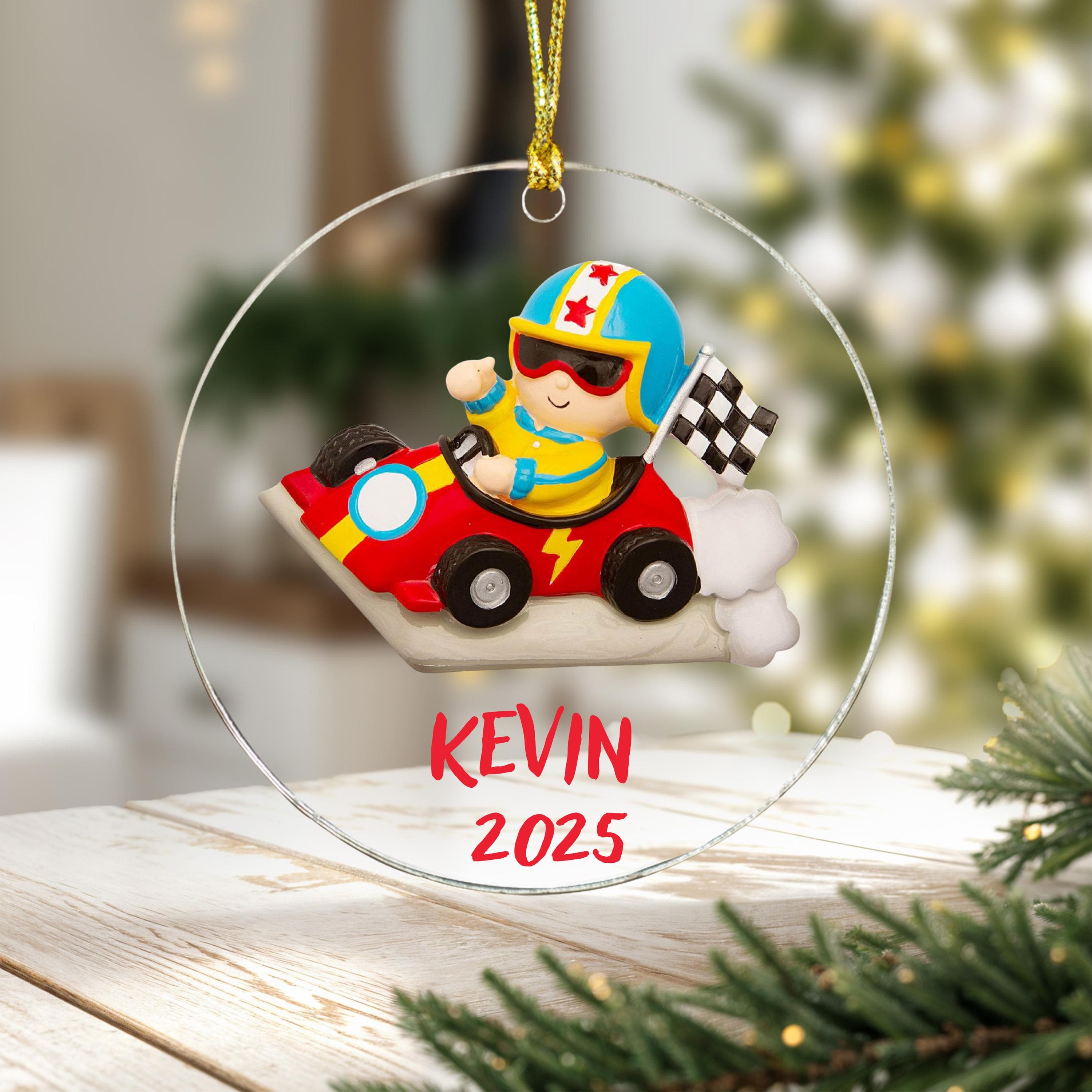 Super  Race Car Driver Championship Personalized Christmas Ornament for Boys Girls Kids Child Him Her, Red Race Car 2025 Christmas Tree