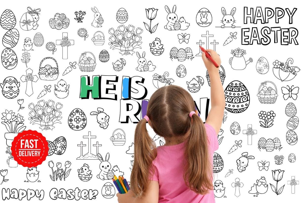 Giant Easter Coloring Page, He Is Risen Easter Kids Activity, Happy Easter Bunny, Easter Gift for Kids & Toddler, 36'x24' - image 5