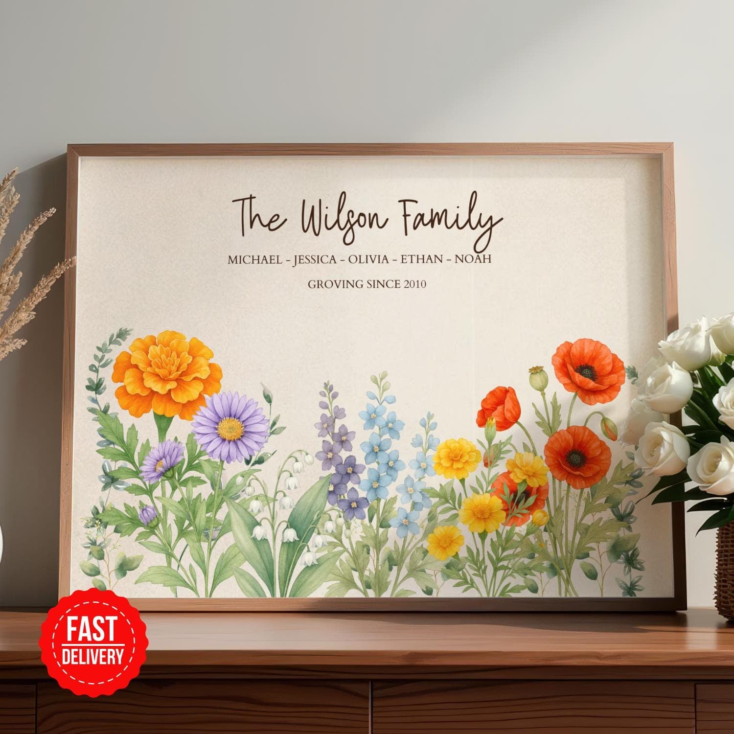 Custom Birth Flower Family Bouquet, Personalized Watercolor Birth Flower Print, Wall Art, Birthday Gift, Unique Mother's Day Gift