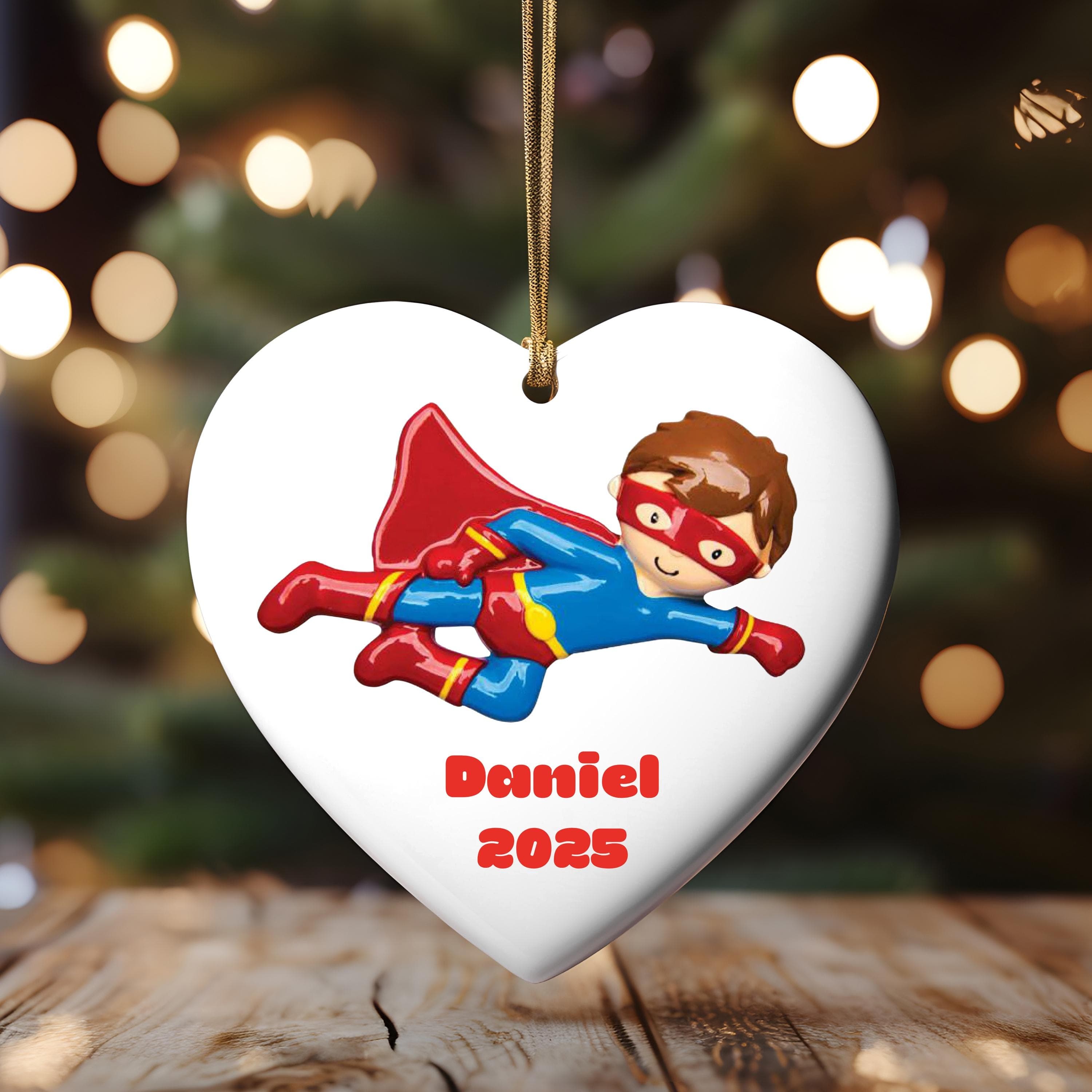 Super Hero Boy Christmas Tree Ornament Personalized Writing Super Hero Wonder Red Cape Mask 2025 Best Kids Child Gifts - image 3