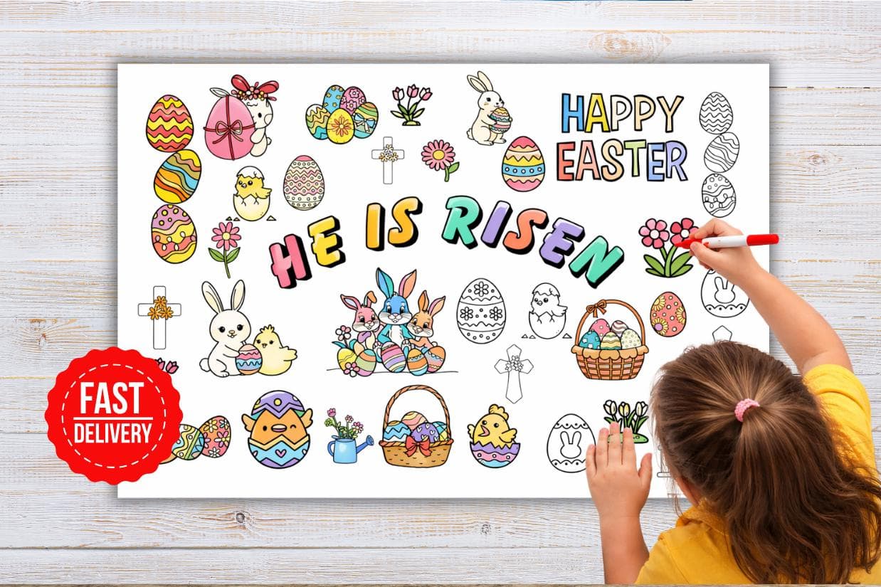 Easter Coloring Pages, Easter Kids Activity, Happy Easter Bunny, Easter Egg Hunt Coloring Poster, Easter Gift for Kids & Toddler
