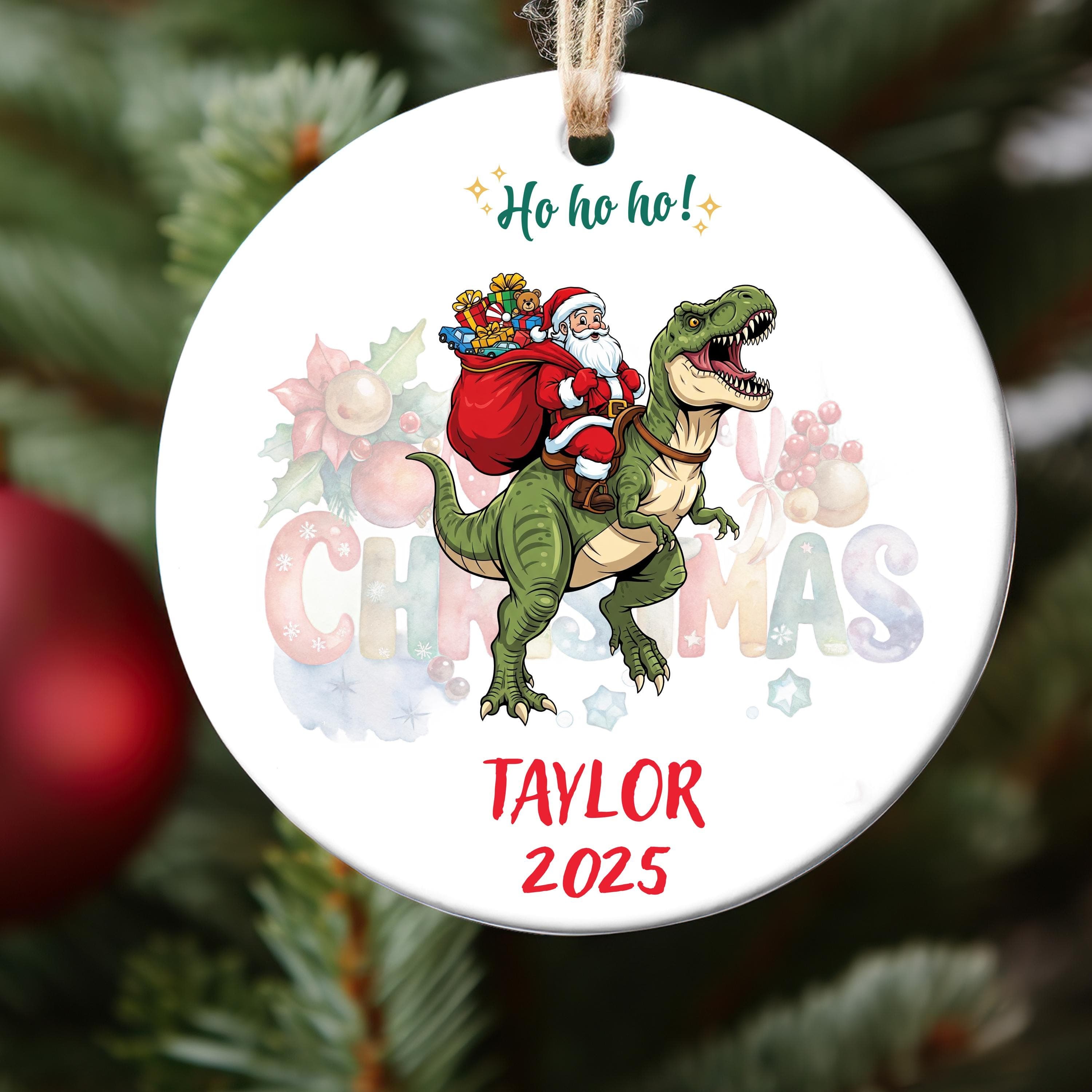 Custom Trex-Santa Ornament, Personalized Kids Christmas Dino Ornaments, Childrens Gift Ornament with Name, Boys Trex Santa Dino