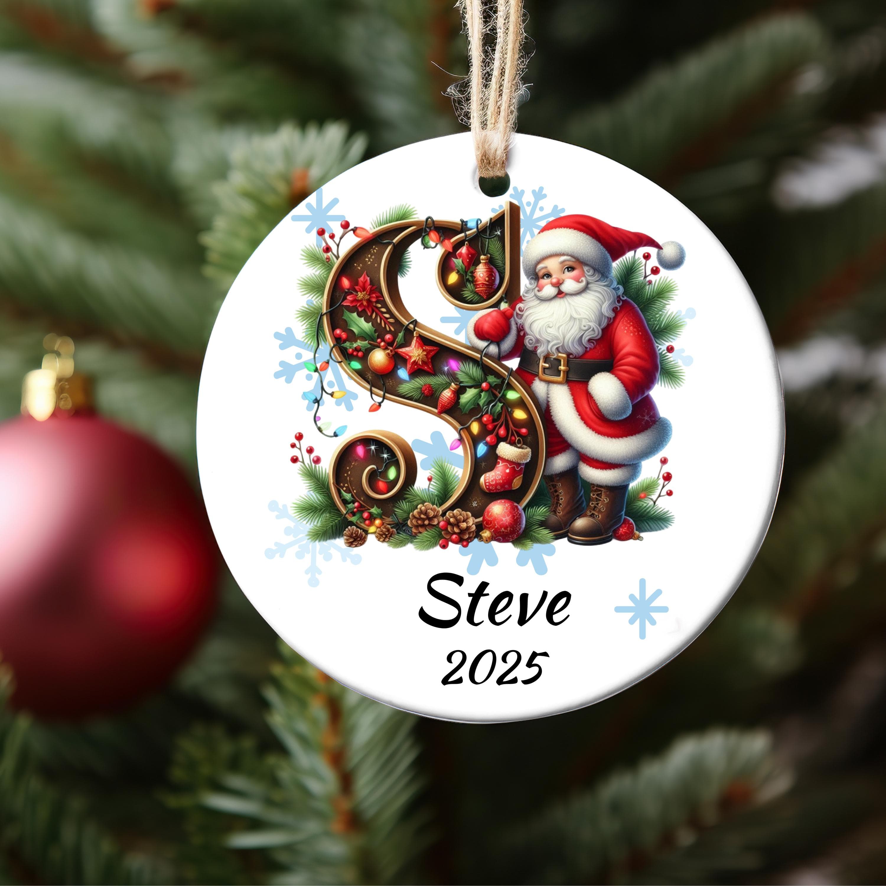 Personalized Sparkle Santa Initial Christmas Ornament:Custom Letter Keepsake with name, Kid Name Initial Letter Xmas gifts, Snowman Ornament