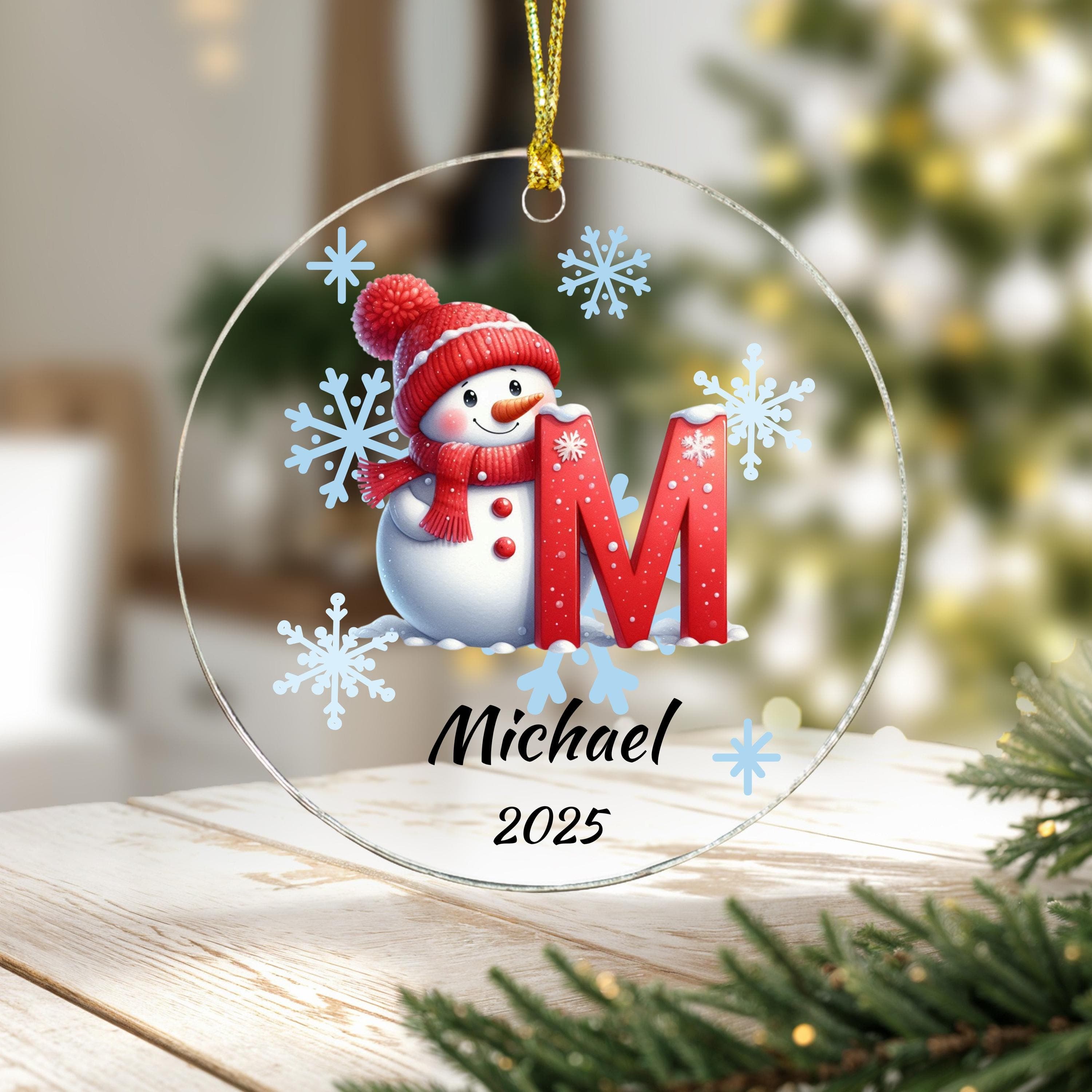 Personalized Michael Initial Christmas Ornament: Custom Letter Keepsake with name, Kids Name Initial Letter Xmas gifts, Snowman Ornament