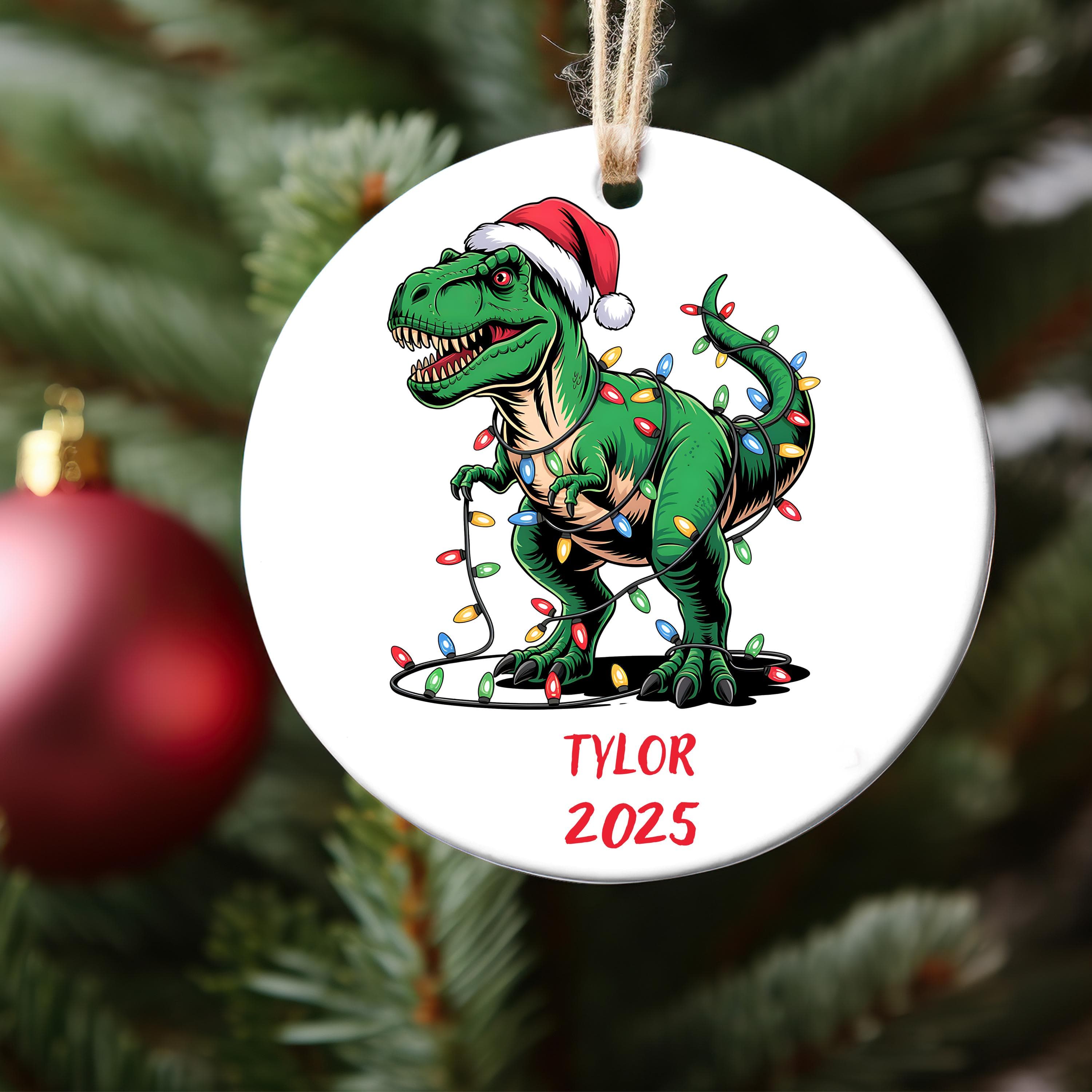 Custom Dinosaur Ornament, Personalized Kids Christmas Dino Ornaments, Childrens Gift Ornament with Name, Boys Trex Santa Dino