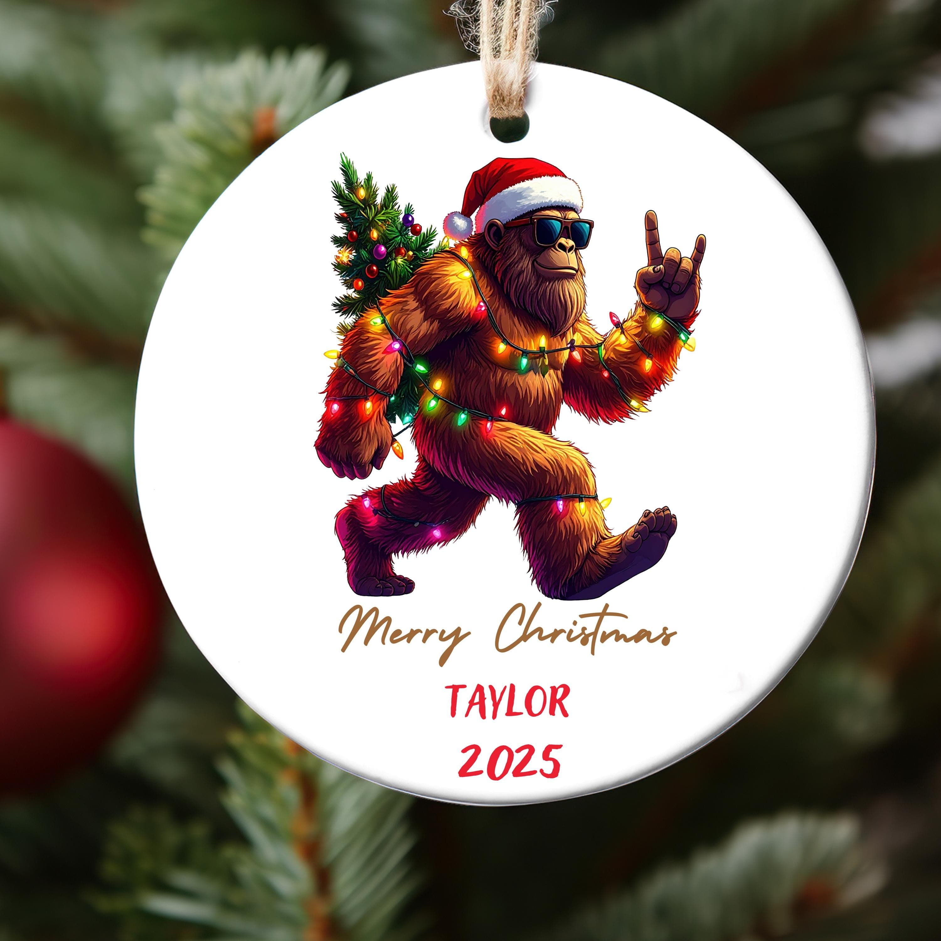 Bigfoot Christmas Ornament, Bigfoot Merry Christmas ornament, Bigfoot Tyalor ornament