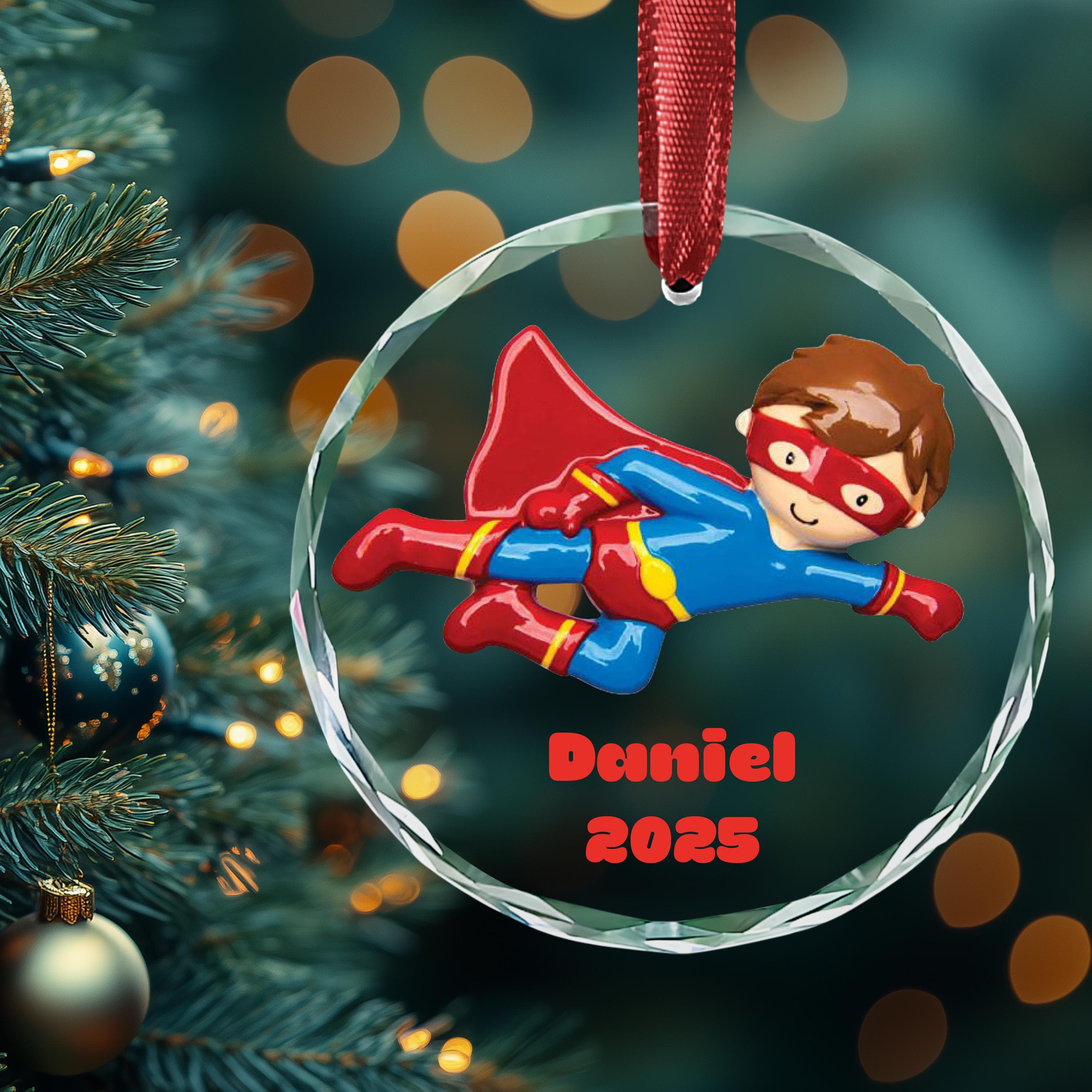 Super Hero Boy Christmas Tree Ornament Personalized Writing Super Hero Wonder Red Cape Mask 2025 Best Kids Child Gifts - image 5