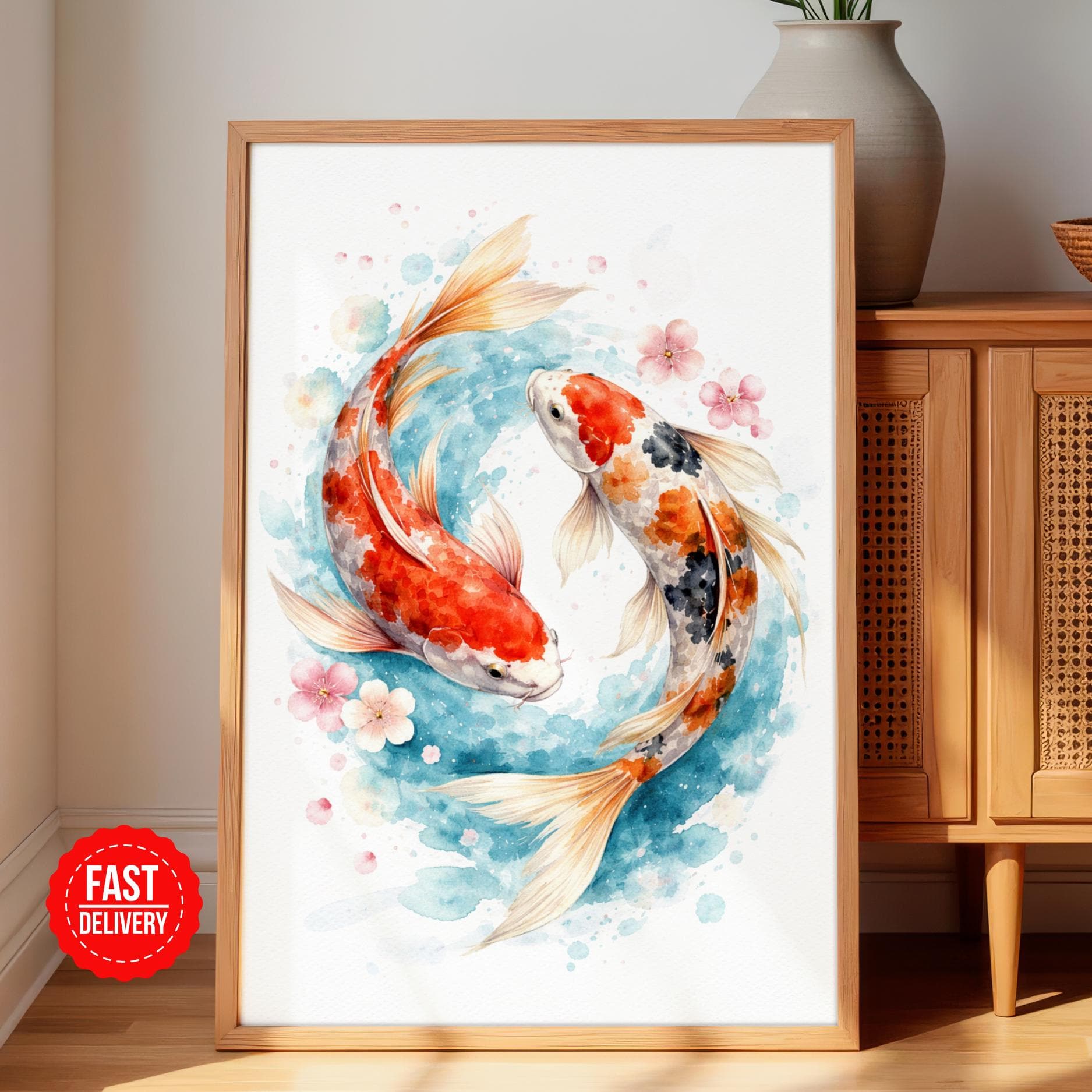Koi Fish Watercolor Art Print, Japanese Zen Wall Decor, Minimalist Zen Wall Art, Koi Fish Wall Decor, Vintage Print, Serene Harmony Decor