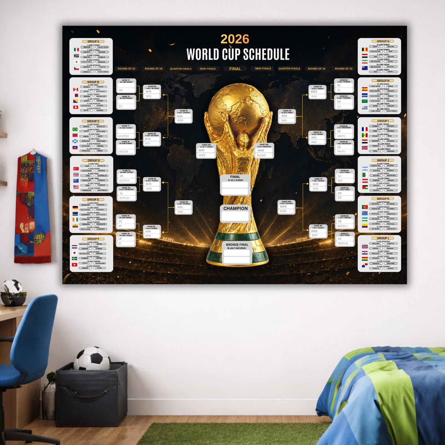 2026 World Cup Schedule, World Cup Wall Chart Poster Print, World Cup Schedule, World Cup Wall Calendar, Soccer Fixtures Chart A1 poster