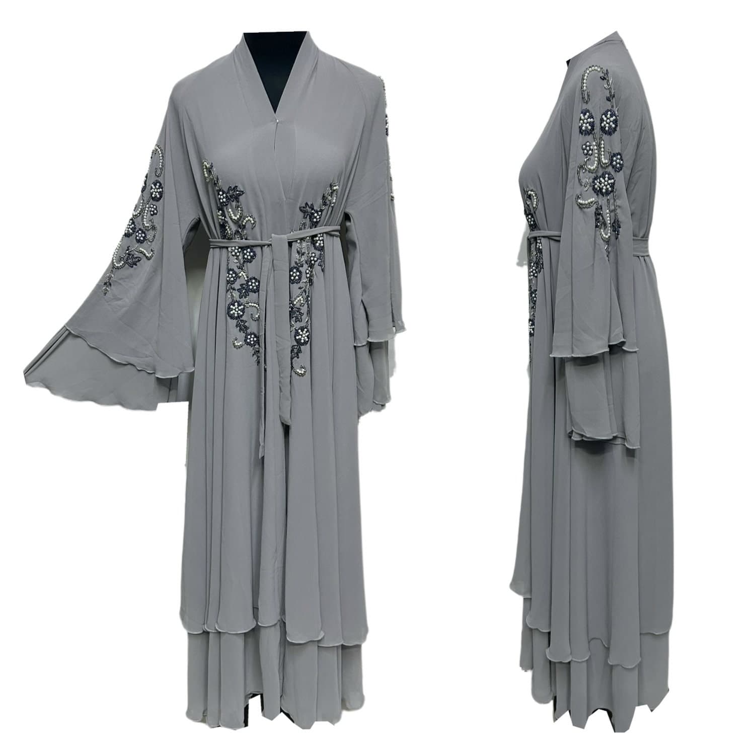 Luxury Women's Open Front Chiffon Abaya Jalabiya long dress with Hand Bead Works