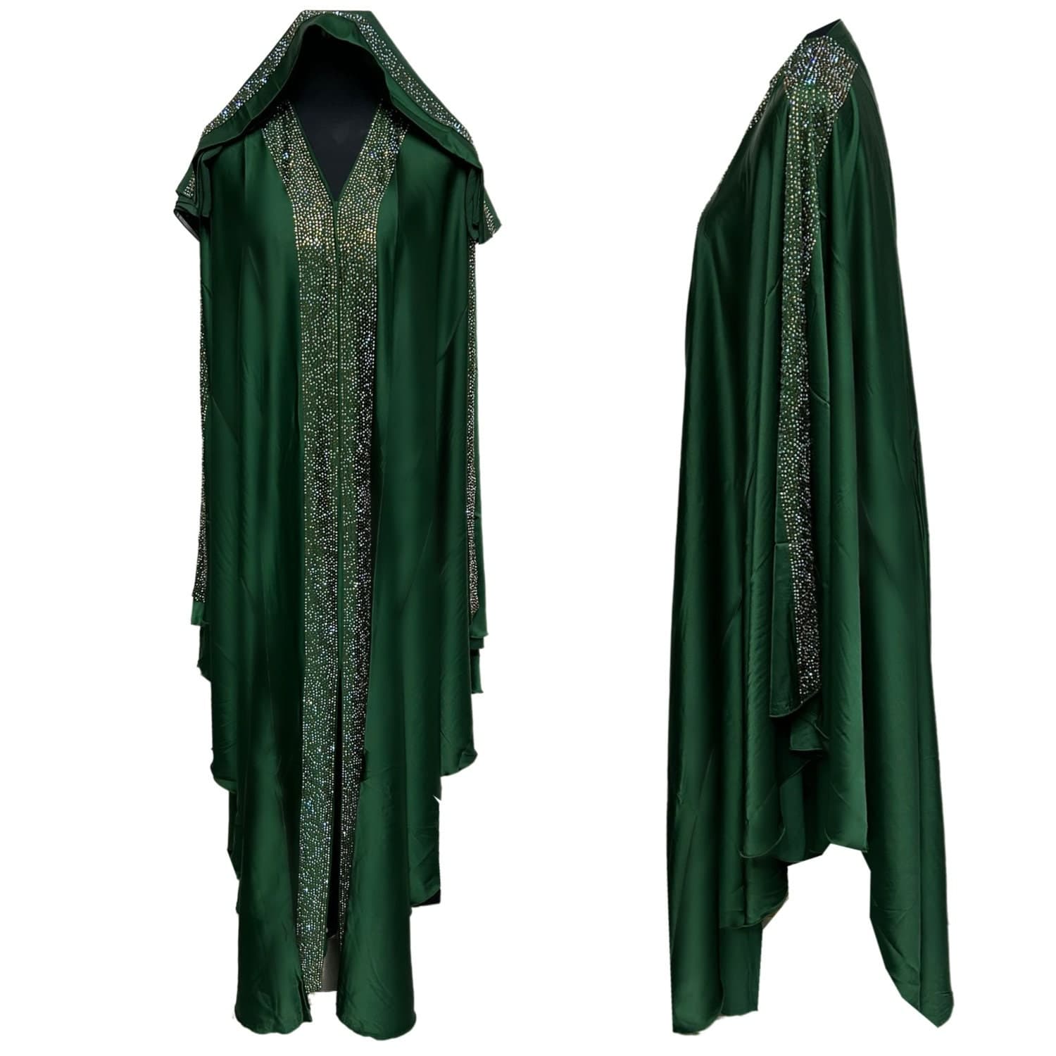 Green Satin Batwing Abaya Farasha Jalabiya Arab Dress With Stone Works