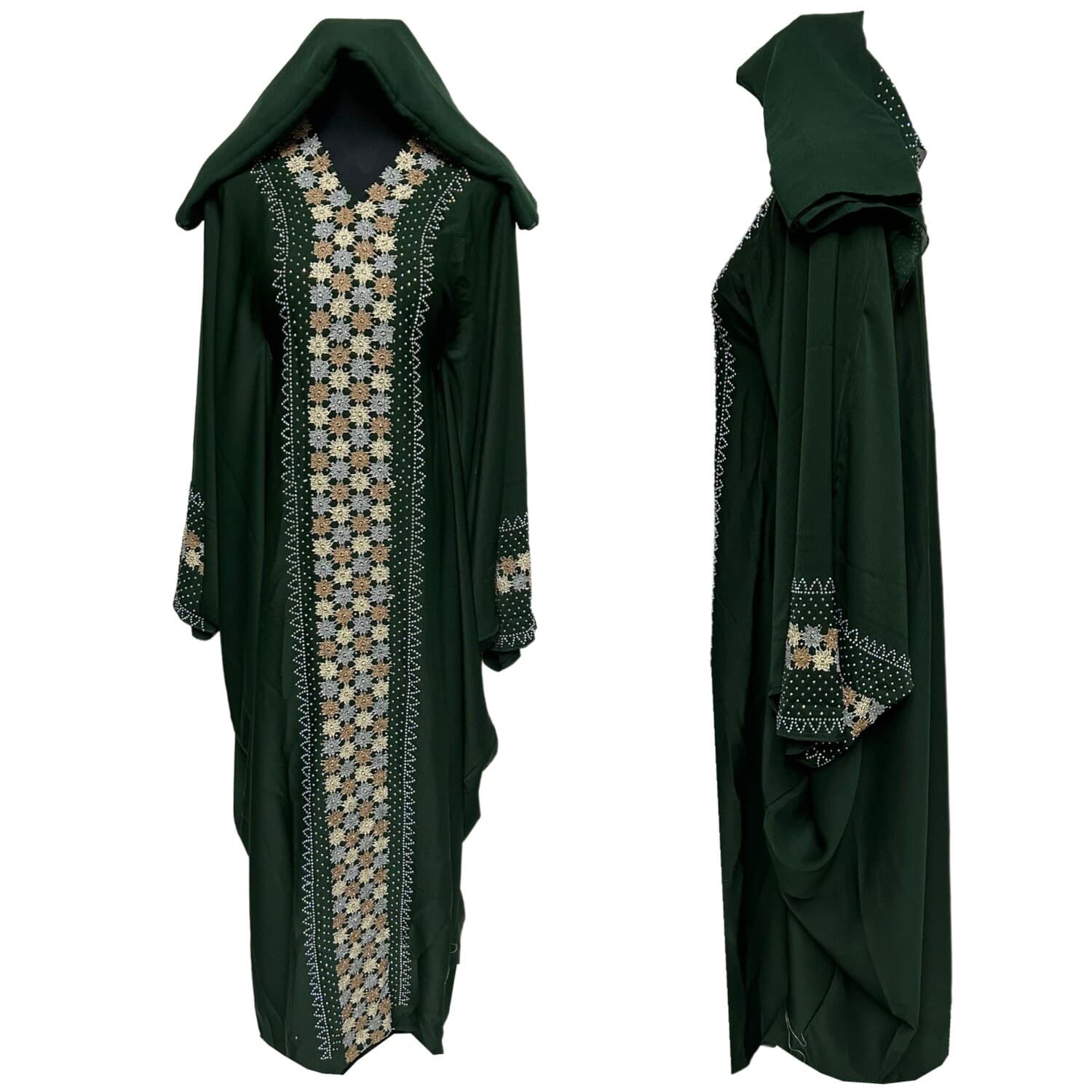 Green Batwing Abaya Farasha Jalabiya Arab Dress With Stone Works