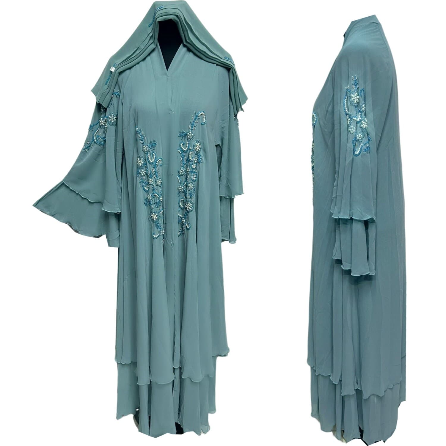 Luxury Women's Open Front Chiffon Abaya Jalabiya long dress with Hand Bead Works