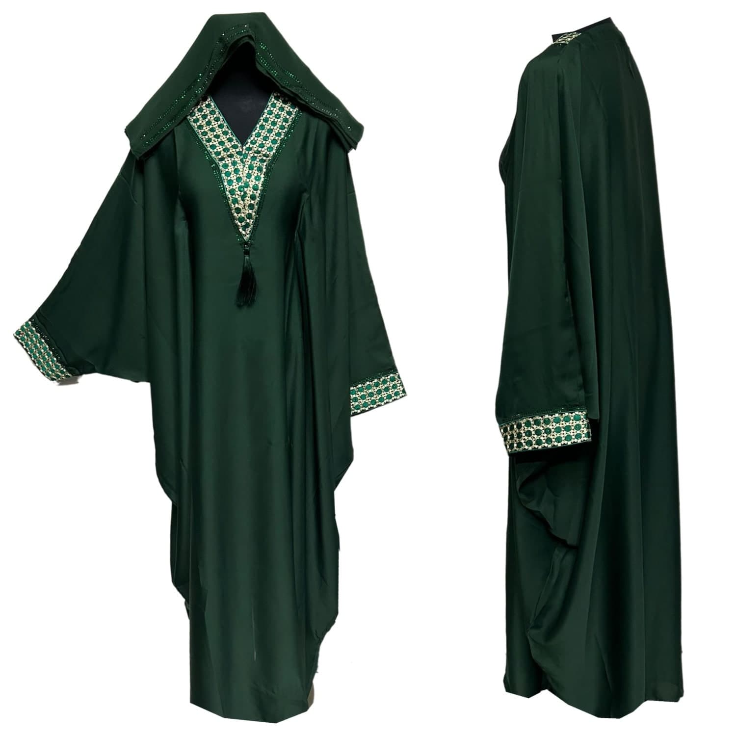 Green Batwing Abaya Farasha Jalabiya Arab Dress With Stone Works
