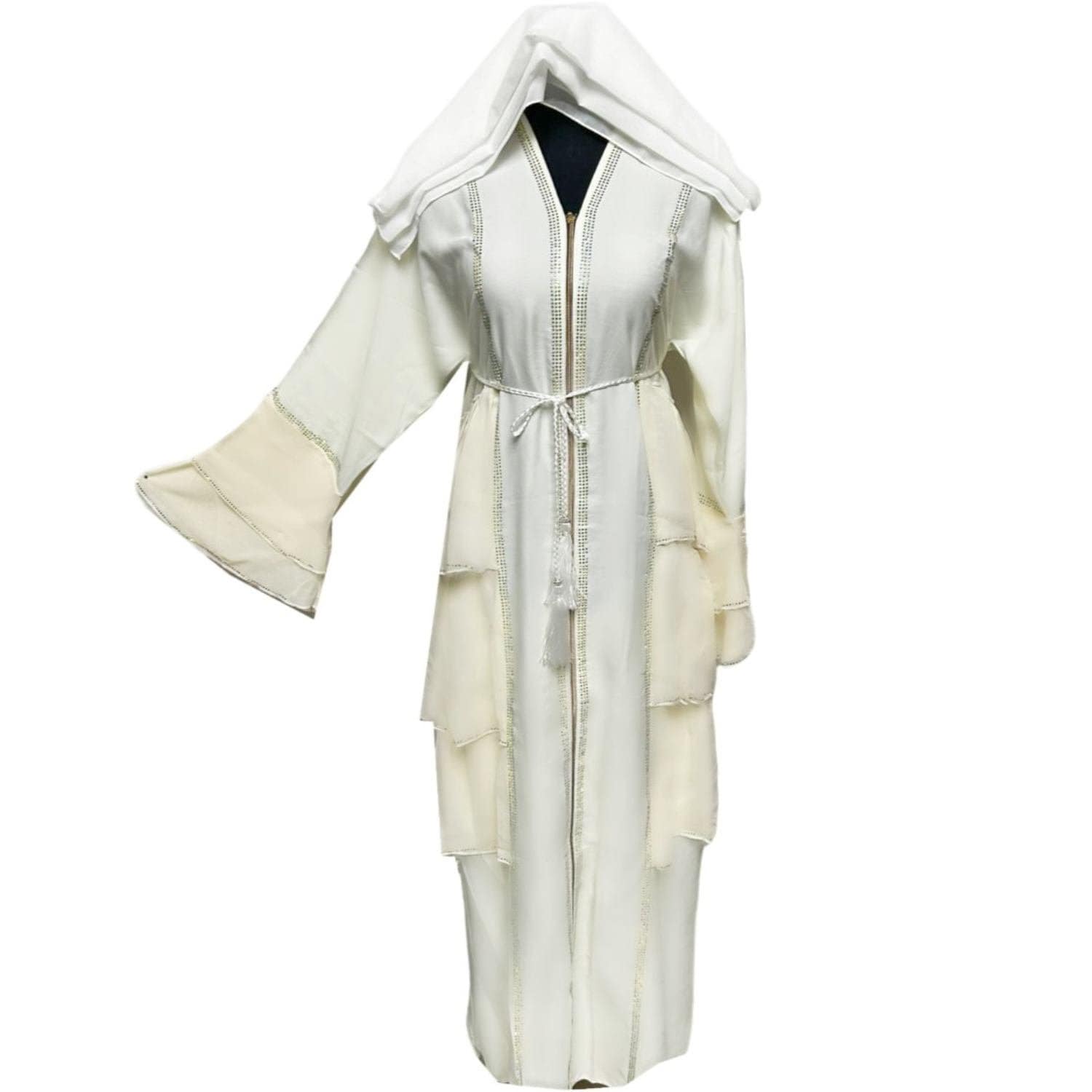 Latest Design Women Cream Frill Abaya Farasha Jalabiya Arab Dress - image 3
