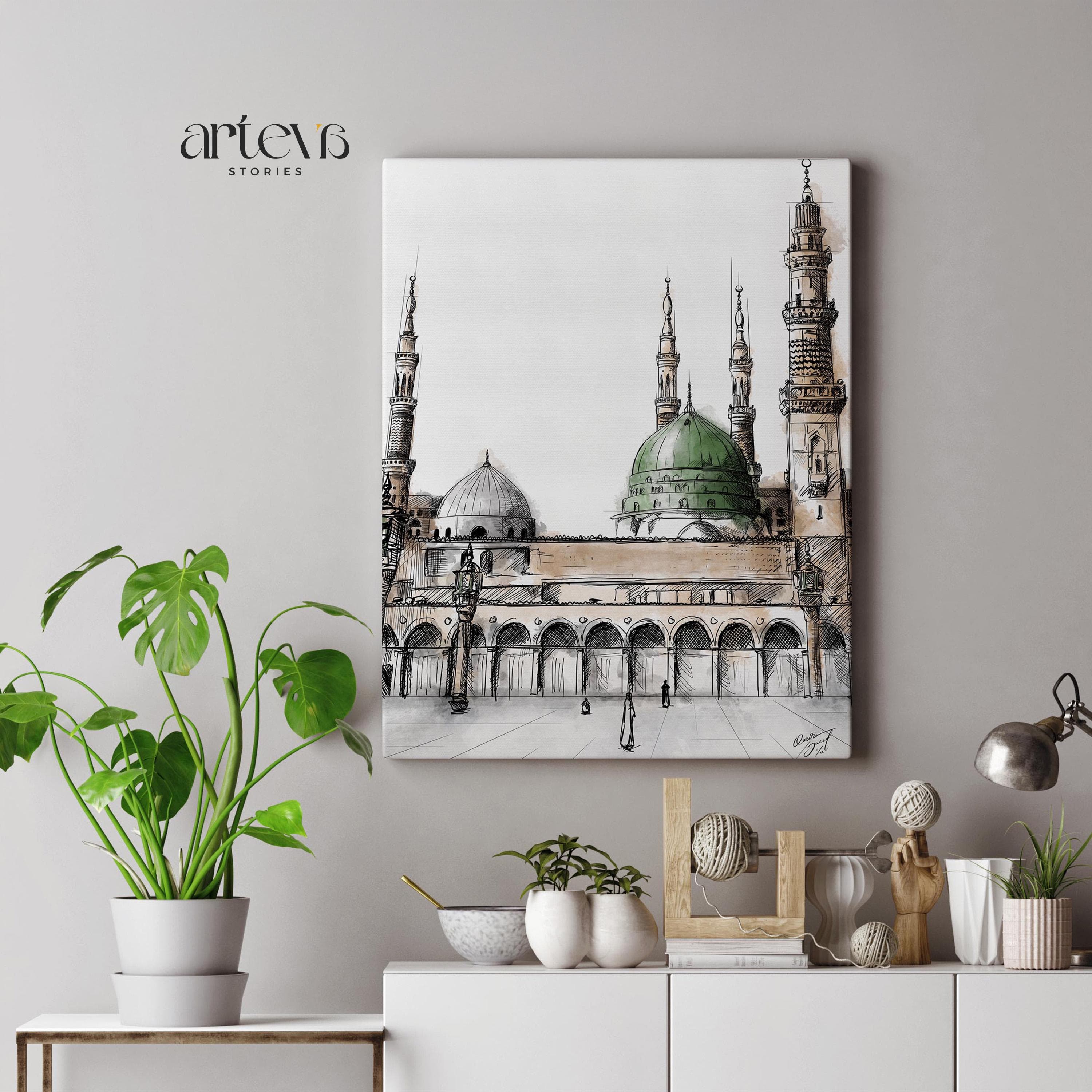 Poster above console with plants – Large framed Masjid Nabawi Green Dome artwork hanging on a neutral wall, styled with potted green plants and modern decor, combining Islamic heritage with contemporary living.