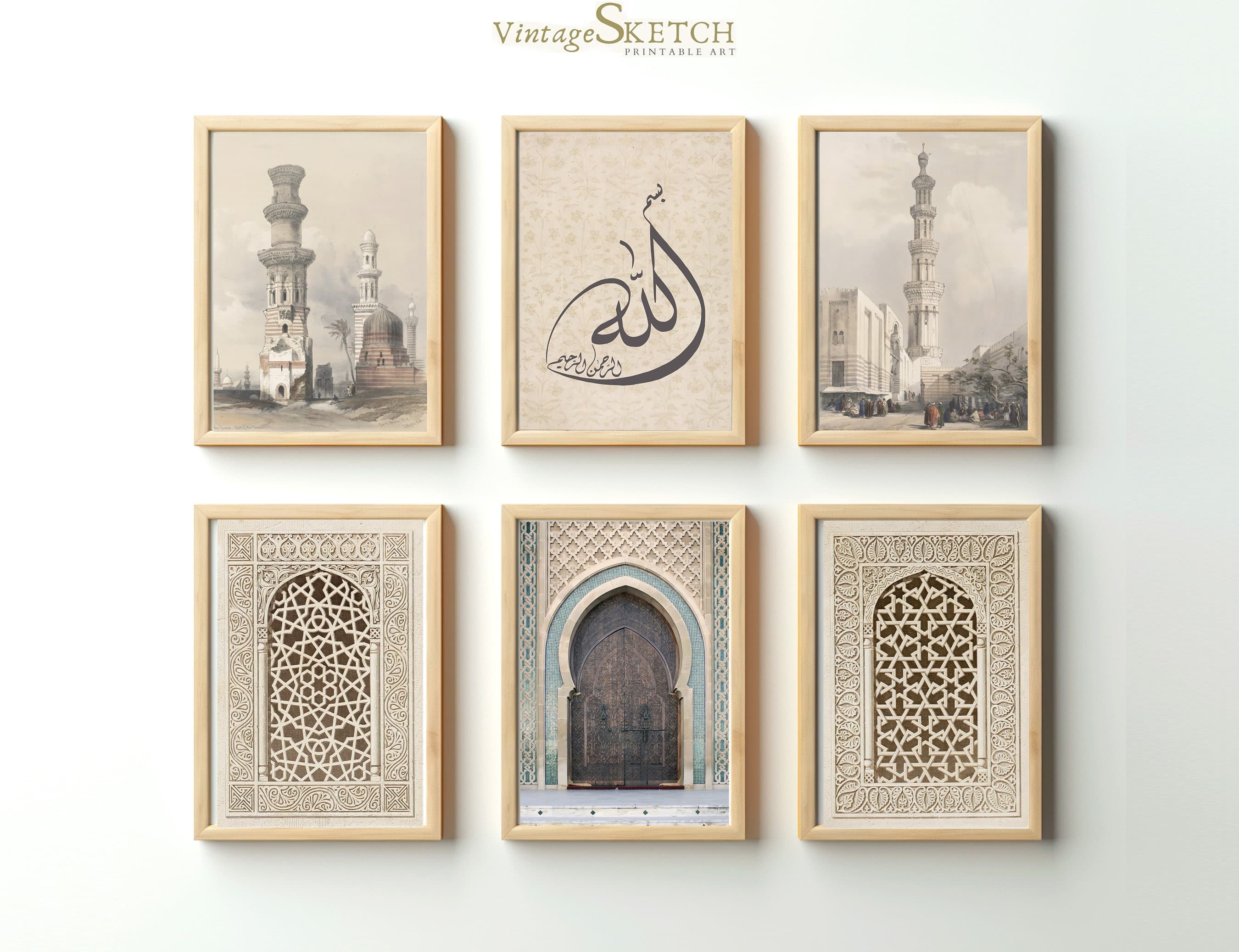 Set of 6 Printable Islamic Wall Art, Modern Arabic Calligraphy, Muslim Home, Mosque Architecture, Islamic Gifts, Moroccan Door-Ramadan Decor