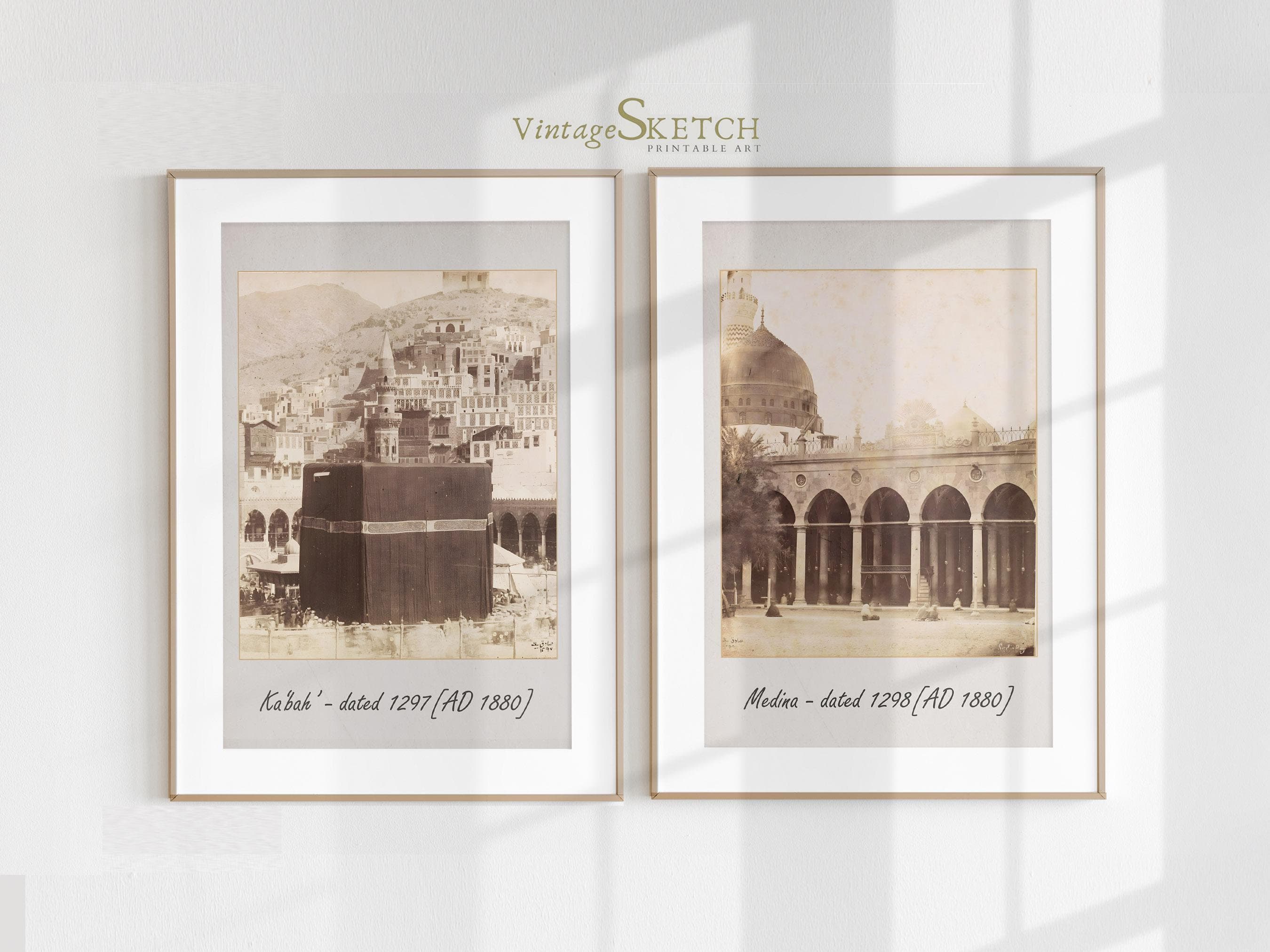 Vintage Kabah Masjid Al Nabawi, Set of 2 Islamic Wall Art, Muslim Home Decor Gift, Prophet Mosque Wall Art, Vintage Makkah and Medina Poster - image 4
