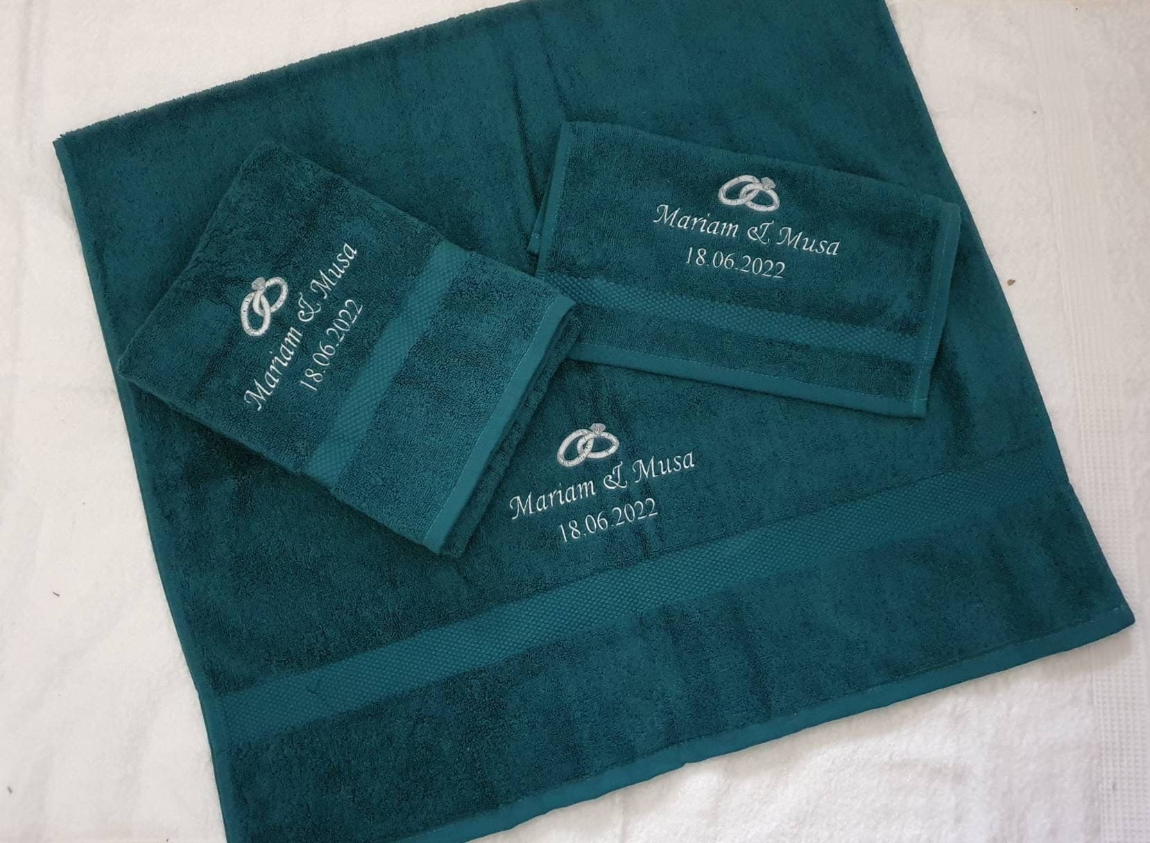 Wedding Gift | Mr and Mrs | His and Hers Towels | Luxury Wedding Rings Band | Embroidered Gift | House Warming | New Home | Nikkah Walima - image 3