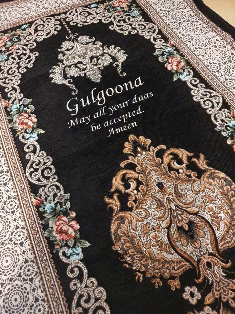 Premium Personalised Prayer Mat – Luxurious Custom Adult Sajada with Name Embroidery | Islamic Gift for Eid, Nikah, Ramadan, Shahada | Black