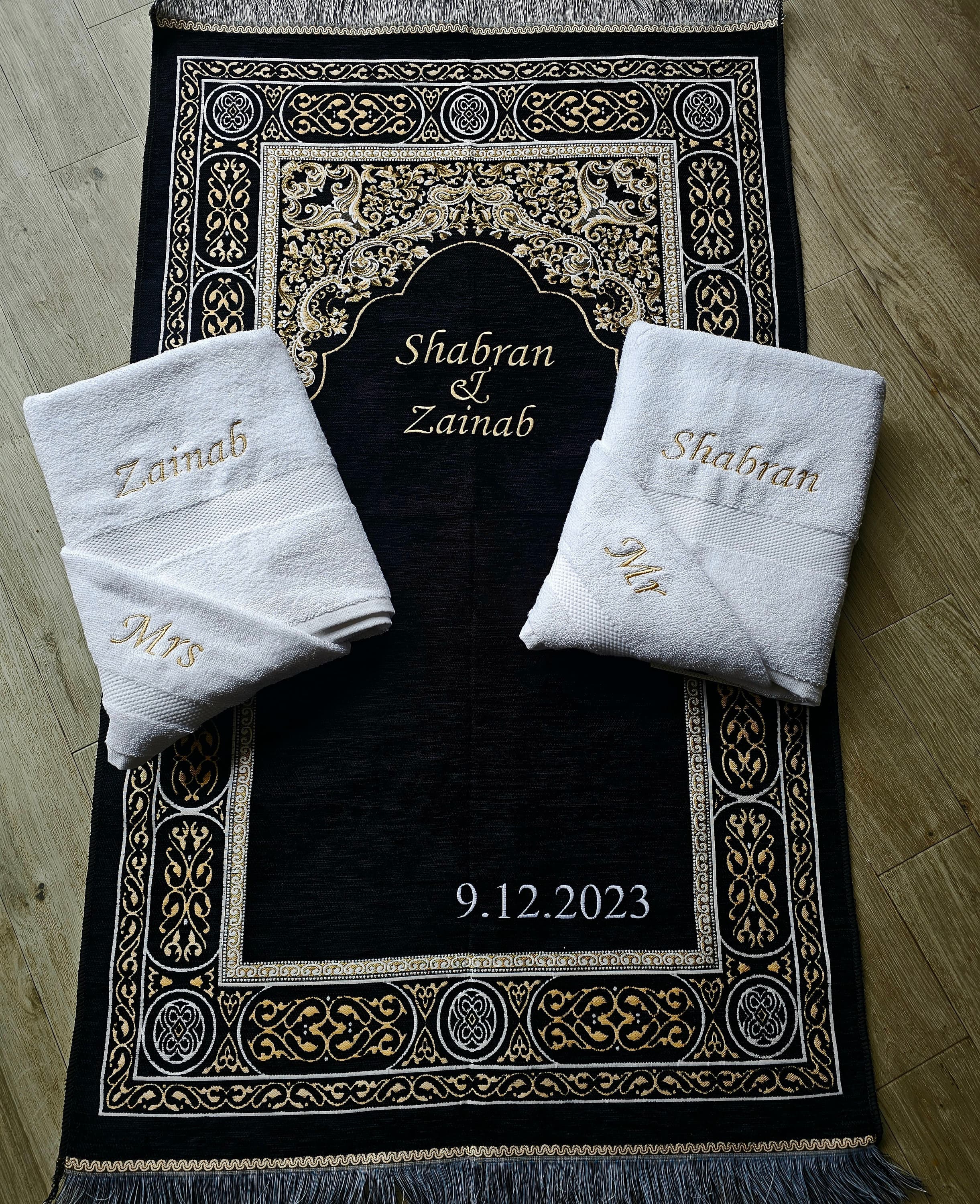 Personalised Couples Prayer Mat and Towel Set – Muslim Wedding Gift | Nikah or Walima Present | Mr and Mrs |Newlywed Keepsake | Islamic Gift - image 3