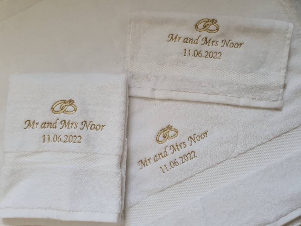 Wedding Gift | Mr and Mrs | His and Hers Towels | Luxury Wedding Rings Band | Embroidered Gift | House Warming | New Home | Nikkah Walima - image 4