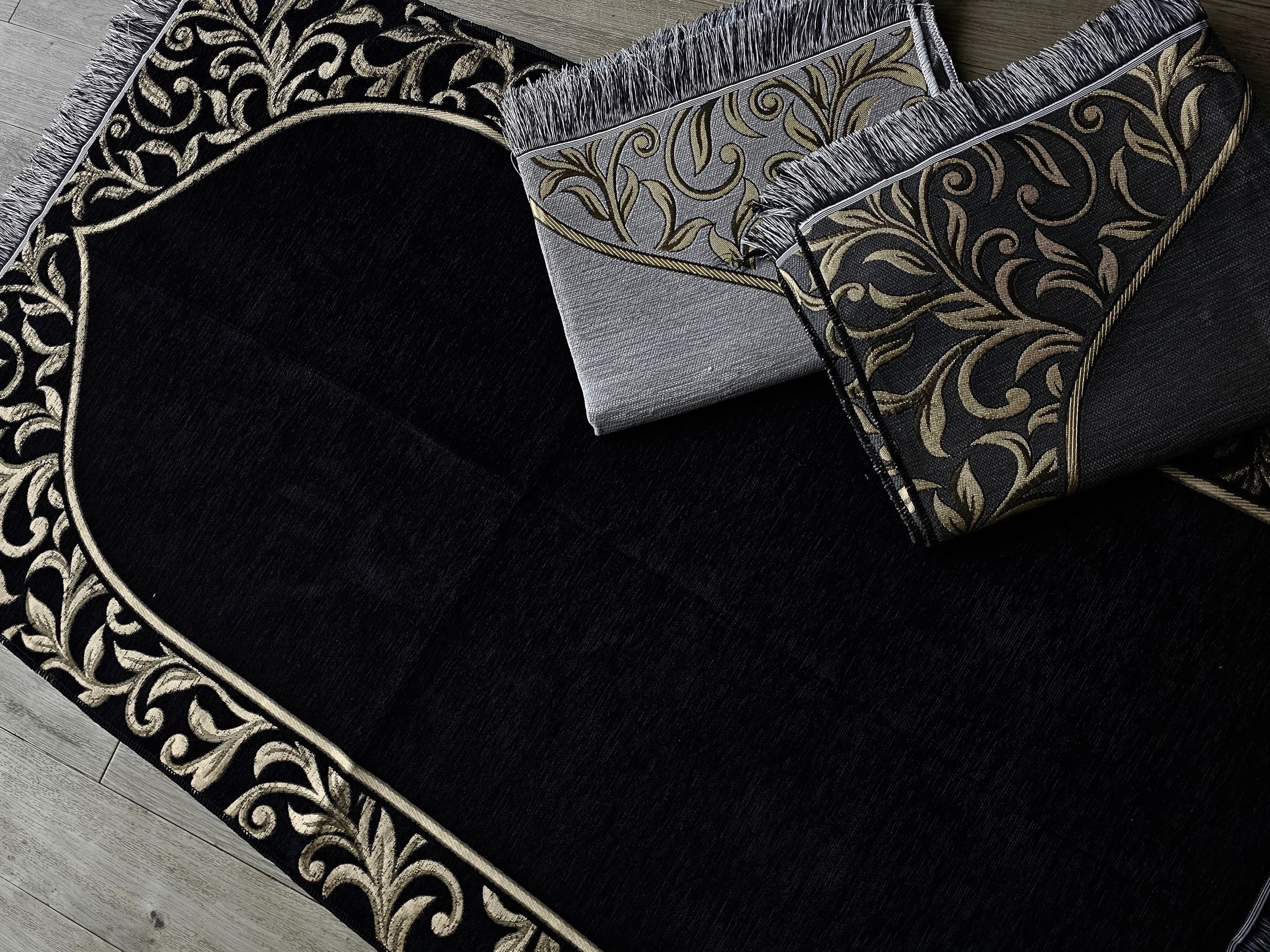 Premium Personalised Prayer Mat – Luxurious Custom Adult Sajada with Name Embroidery | Islamic Gift for Eid, Nikah, Ramadan, | Black | Grey