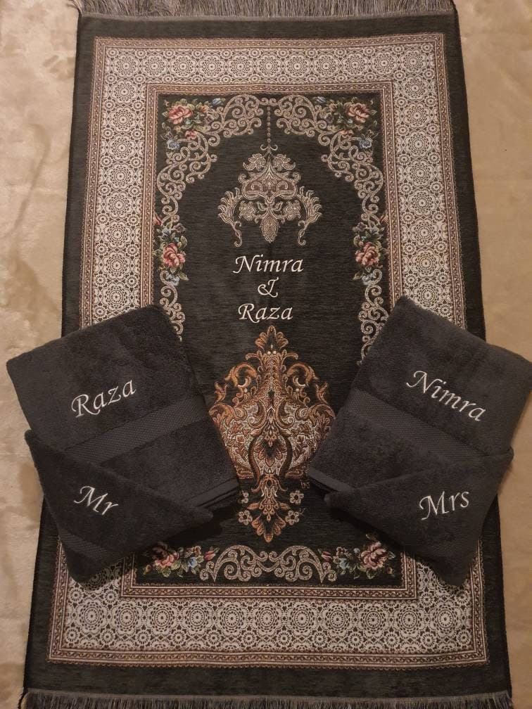 Personalised Couples Prayer Mat – Adult Sajada with Names Embroidered | Elegant Islamic Gift for Nikah Weddings New home, His and Hers