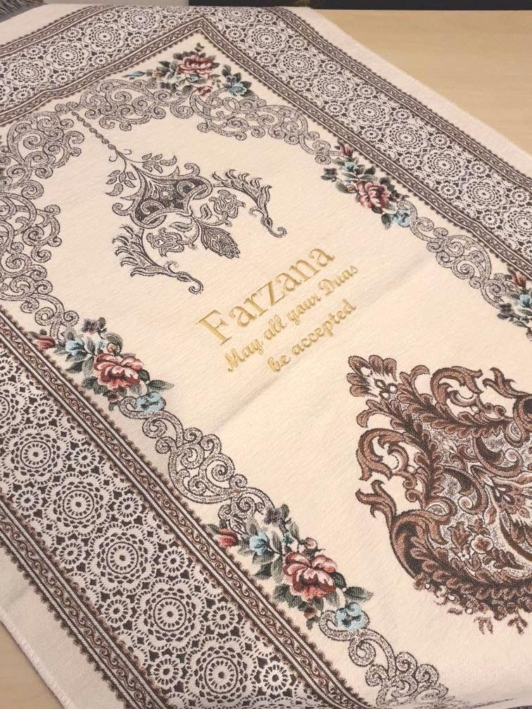 personalised prayer mat – Adult sajada with Arabic English embroidered – elegant islamic gift for ramadan, eid, nikah, walima, wedding namaz