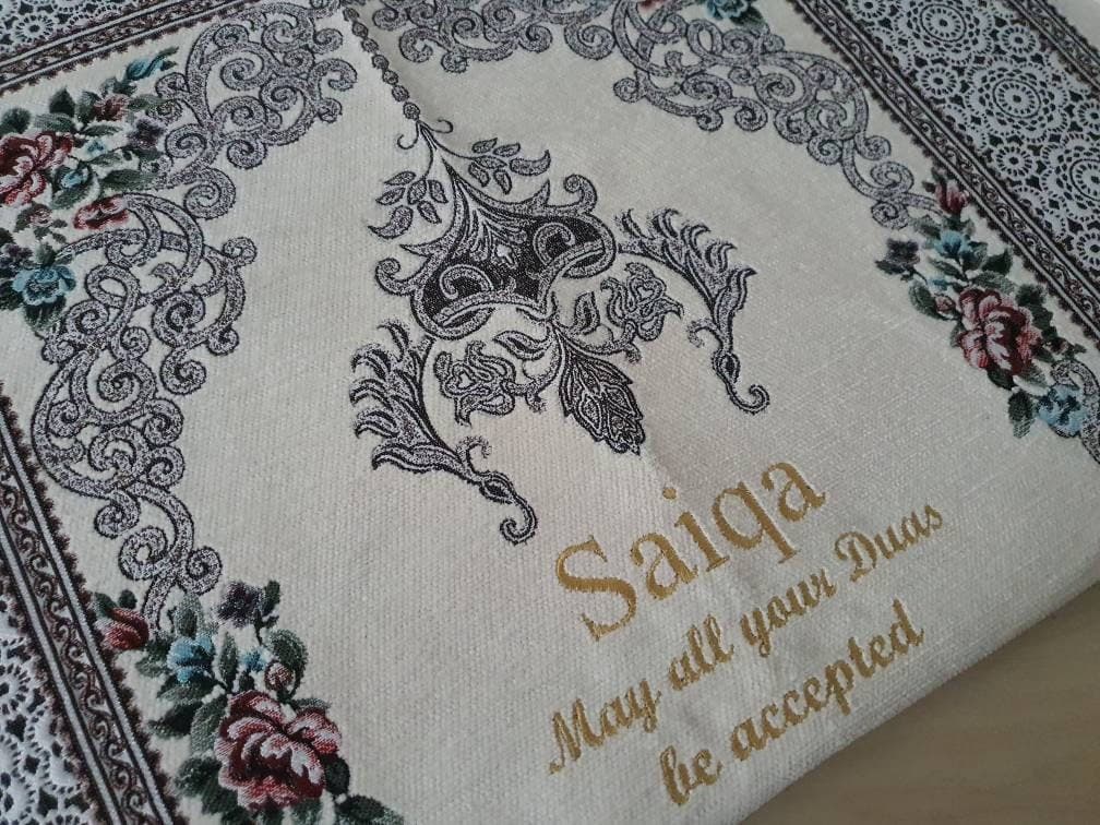 personalised prayer mat – Adult sajada with Arabic English embroidered – elegant islamic gift for ramadan, eid, nikah, walima, wedding namaz - image 3