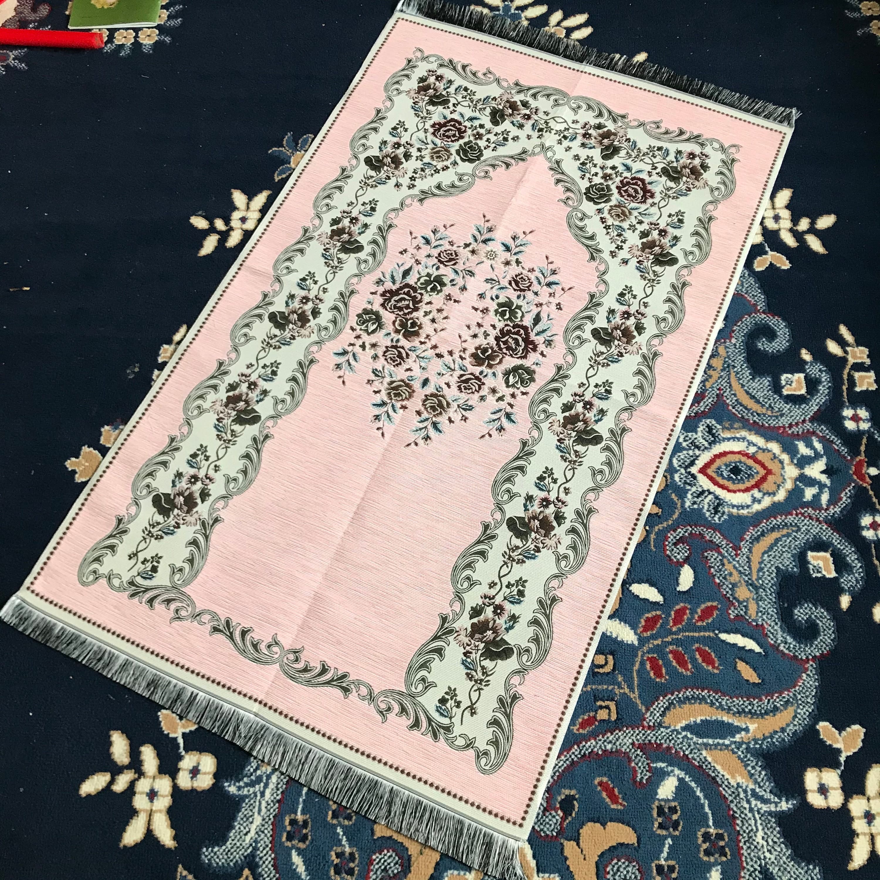 Chenille Luxury Floral  Prayer Rug (Adult)-Large Prayer Mat / Janamaz - Pink |  Size: 125 x 67 cm - Made in Turkey - image 3