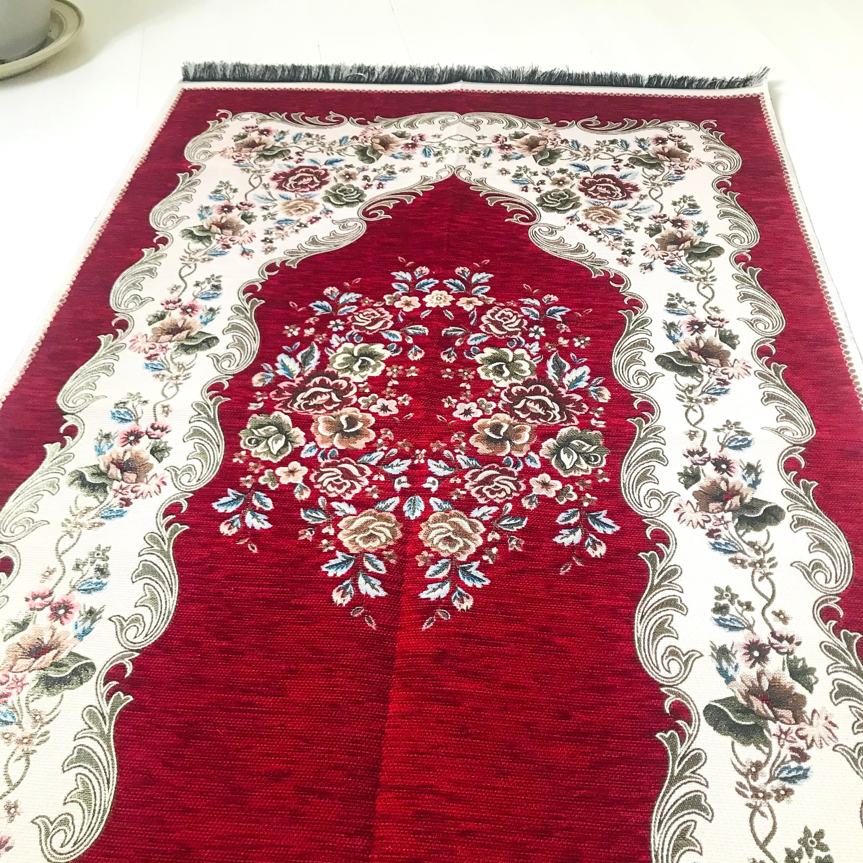 Chenille Luxury Floral  Prayer Rug (Adult)-Large Prayer Mat / Janamaz -  Bordeaux |  Size: 125 x 67 cm - Made in Turkey - image 5