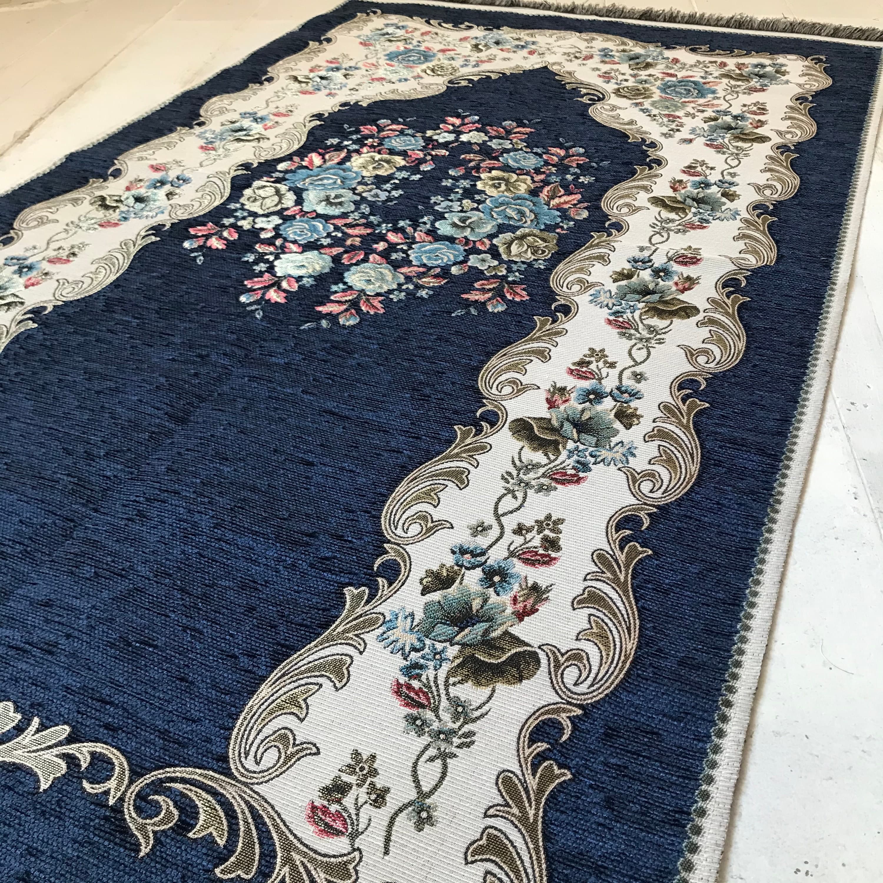 Chenille Luxury Floral  Prayer Rug (Adult)-Large Prayer Mat / Janamaz - Navy Blue |  Size: 125 x 67 cm - Made in Turkey - image 5