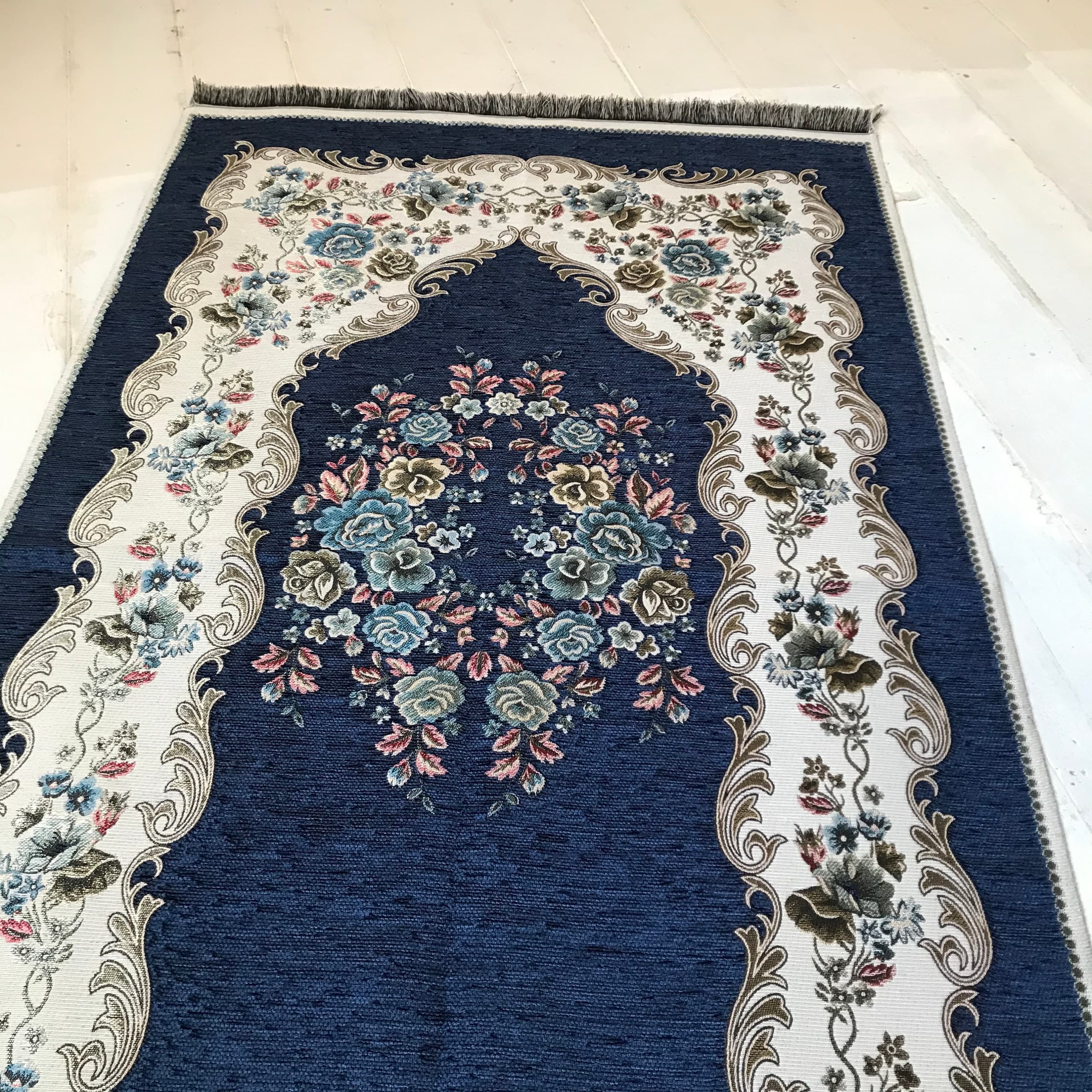 Chenille Luxury Floral  Prayer Rug (Adult)-Large Prayer Mat / Janamaz - Navy Blue |  Size: 125 x 67 cm - Made in Turkey - image 4