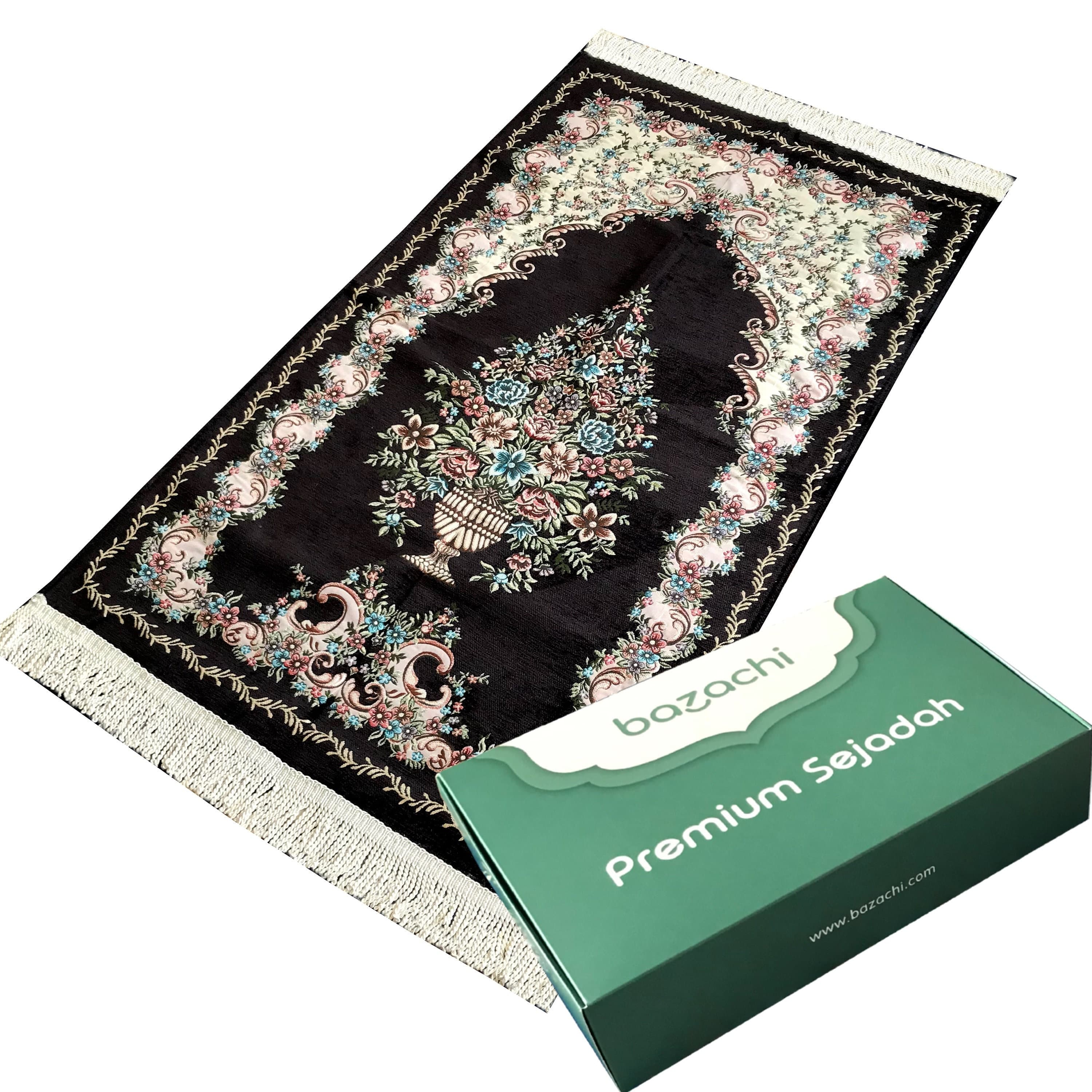 Premium Quality, Embroidered Floral Prayer Rug ( 850g ) Lined Thick Prayer Mat/Janamaz with Gift Box