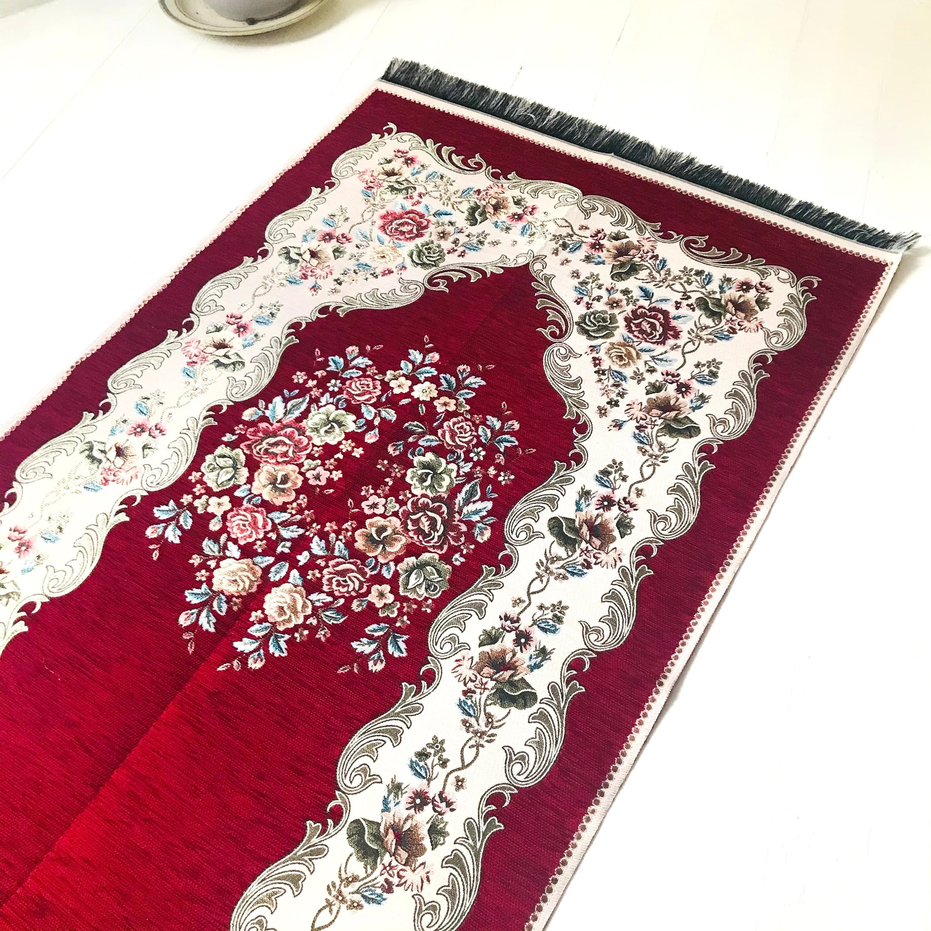 Chenille Luxury Floral  Prayer Rug (Adult)-Large Prayer Mat / Janamaz -  Bordeaux |  Size: 125 x 67 cm - Made in Turkey - image 3