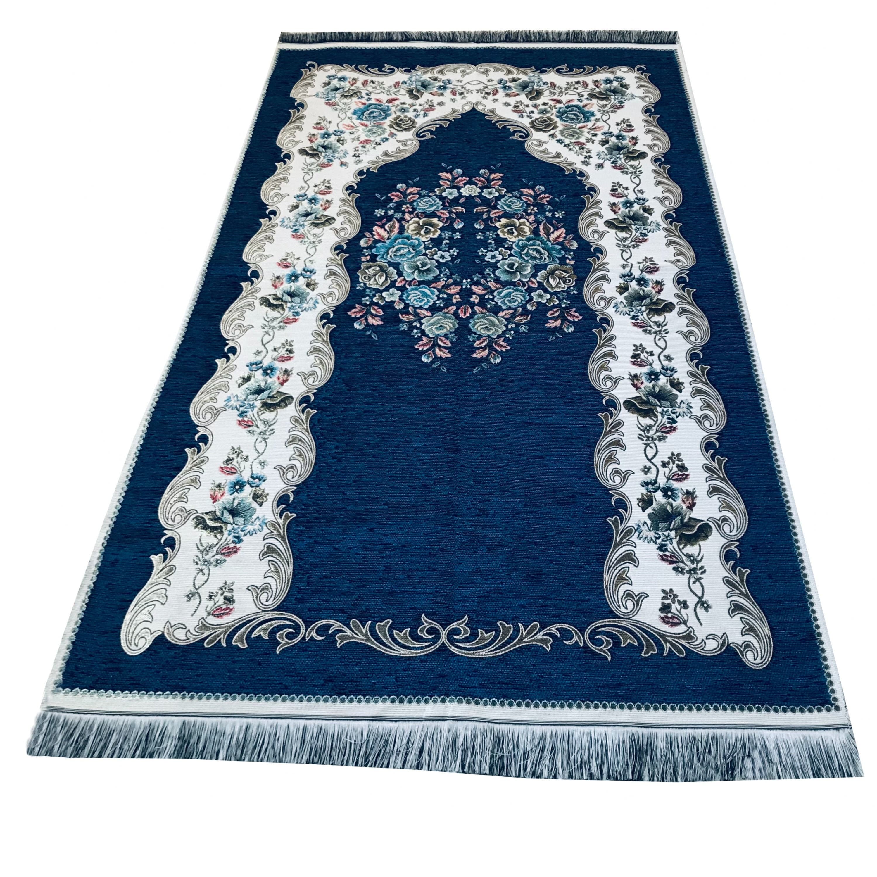 Chenille Luxury Floral  Prayer Rug (Adult)-Large Prayer Mat / Janamaz - Navy Blue |  Size: 125 x 67 cm - Made in Turkey