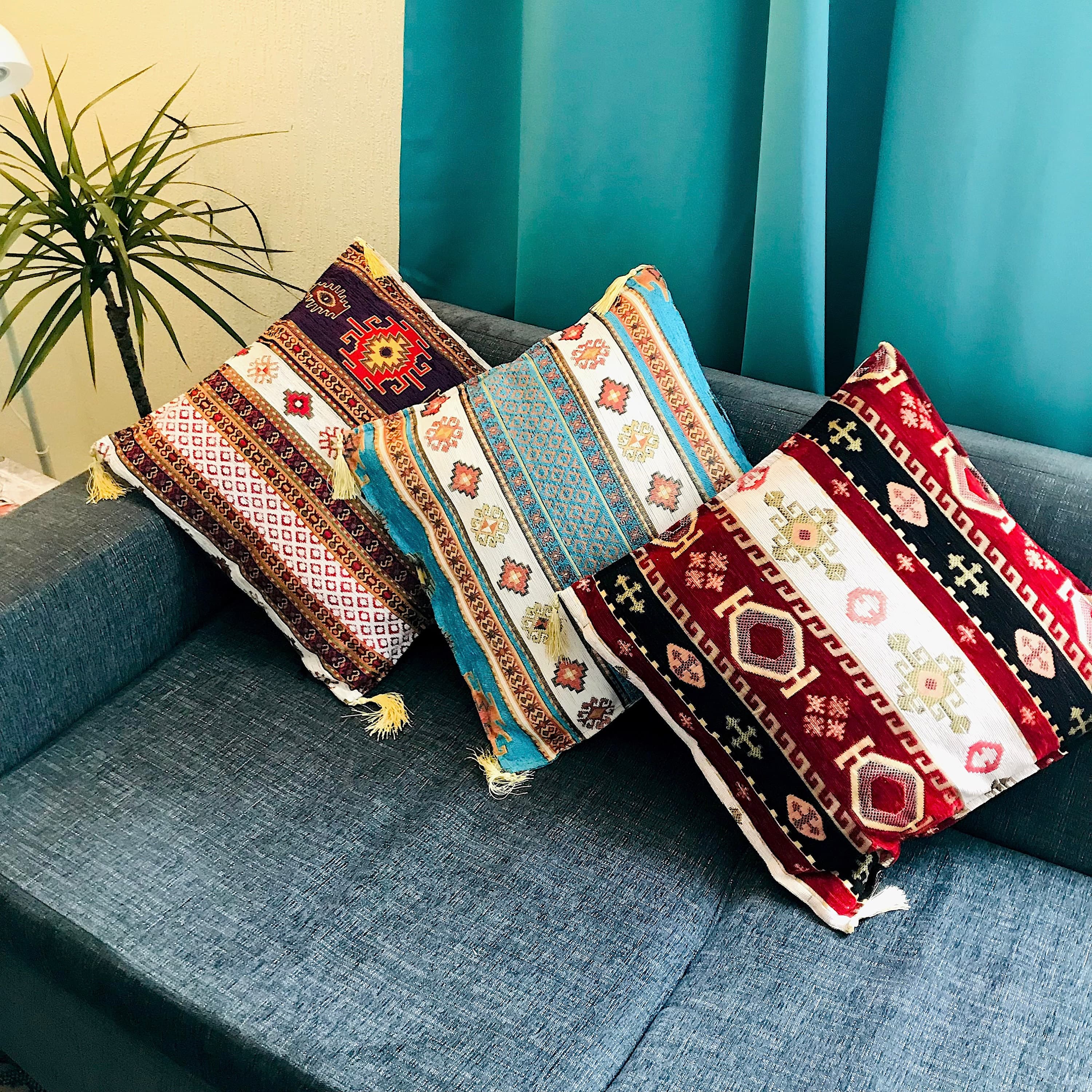 Kilim Fabric Rug Design Cushion, Sofa Pillow Covers, Farmhouse Style Geometric Pillow Case, Decorative Print Ethnic Home Size: 45x45 cm - image 3