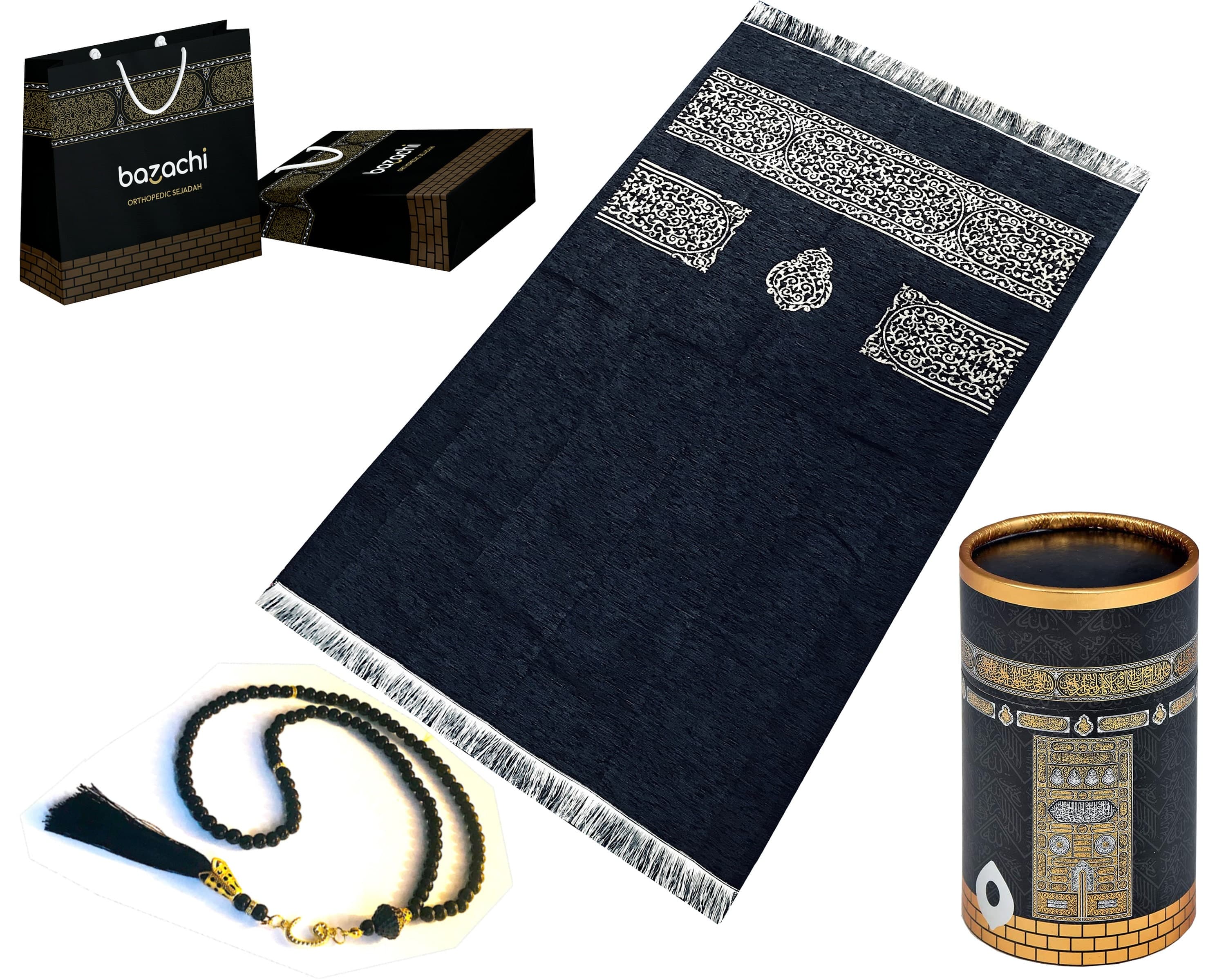 Kaaba Design Gift Boxed Original Chenille Prayer Mat with 99 Beads of Tasbih with Gift Box