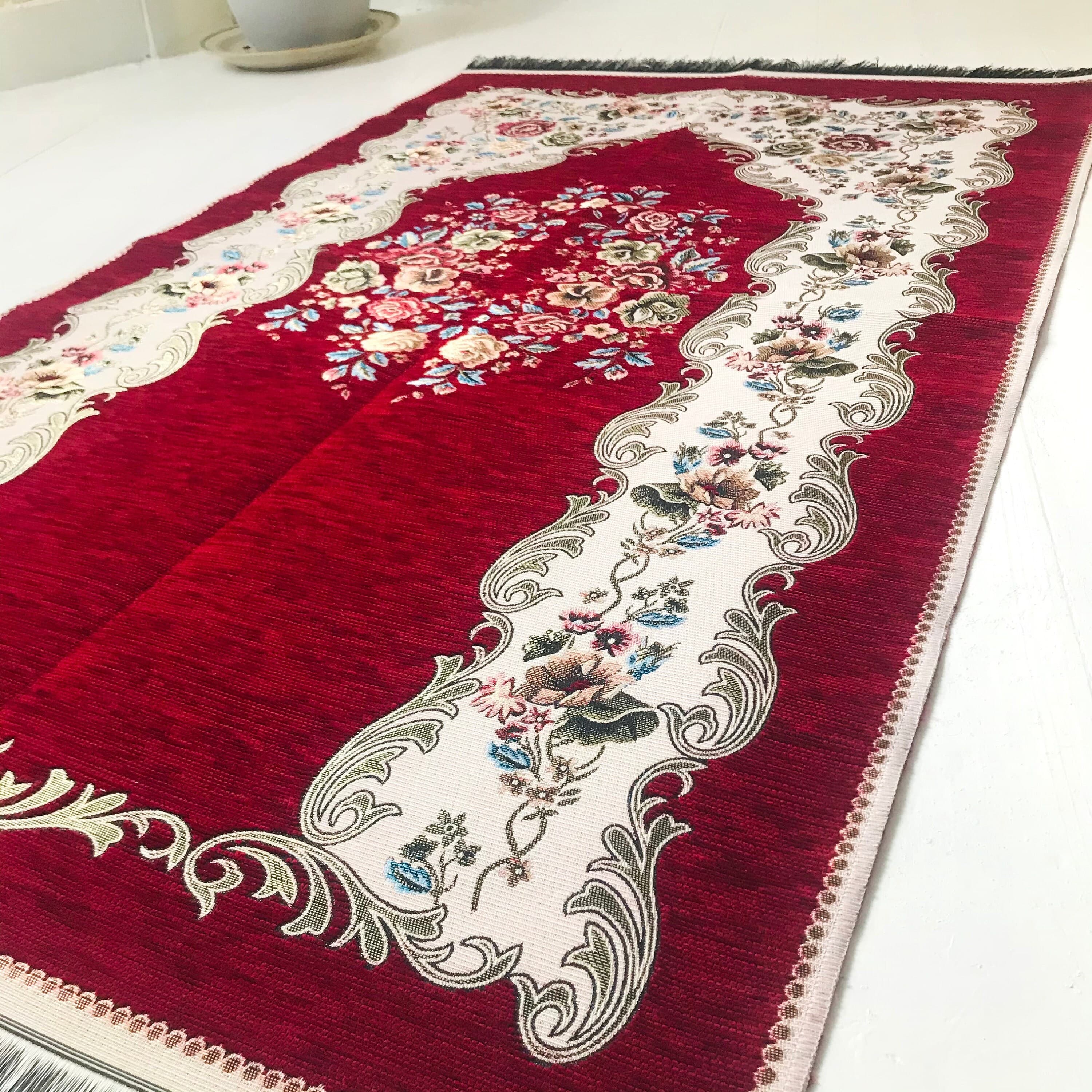 Chenille Luxury Floral  Prayer Rug (Adult)-Large Prayer Mat / Janamaz -  Bordeaux |  Size: 125 x 67 cm - Made in Turkey - image 4