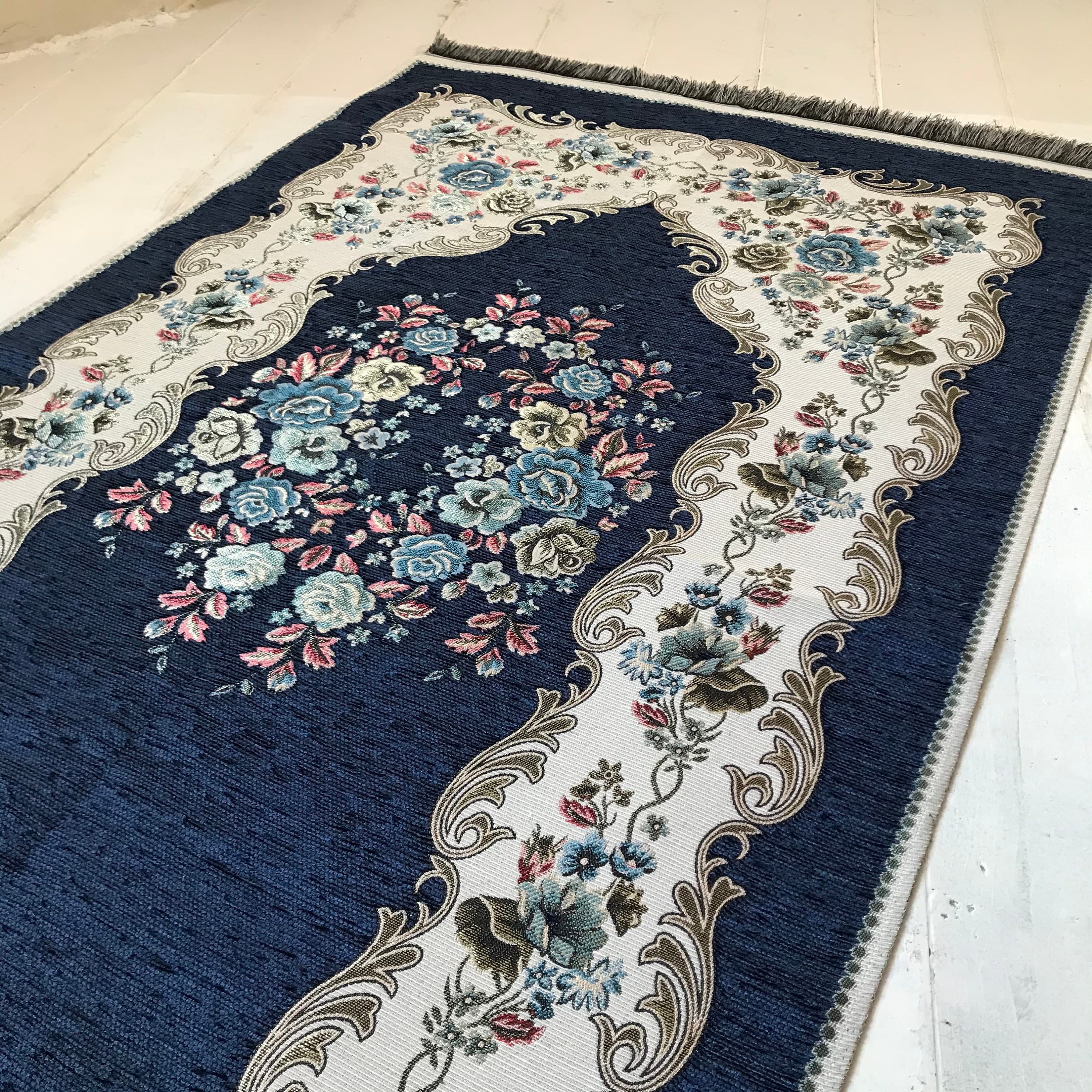 Chenille Luxury Floral  Prayer Rug (Adult)-Large Prayer Mat / Janamaz - Navy Blue |  Size: 125 x 67 cm - Made in Turkey - image 3
