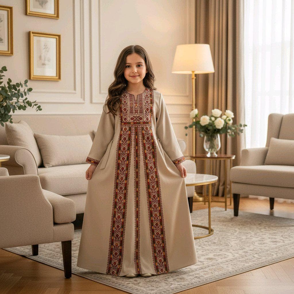 Palestinian Thobe Tatreez Little Girls Dress Cappuccino with Burgundy embroidery